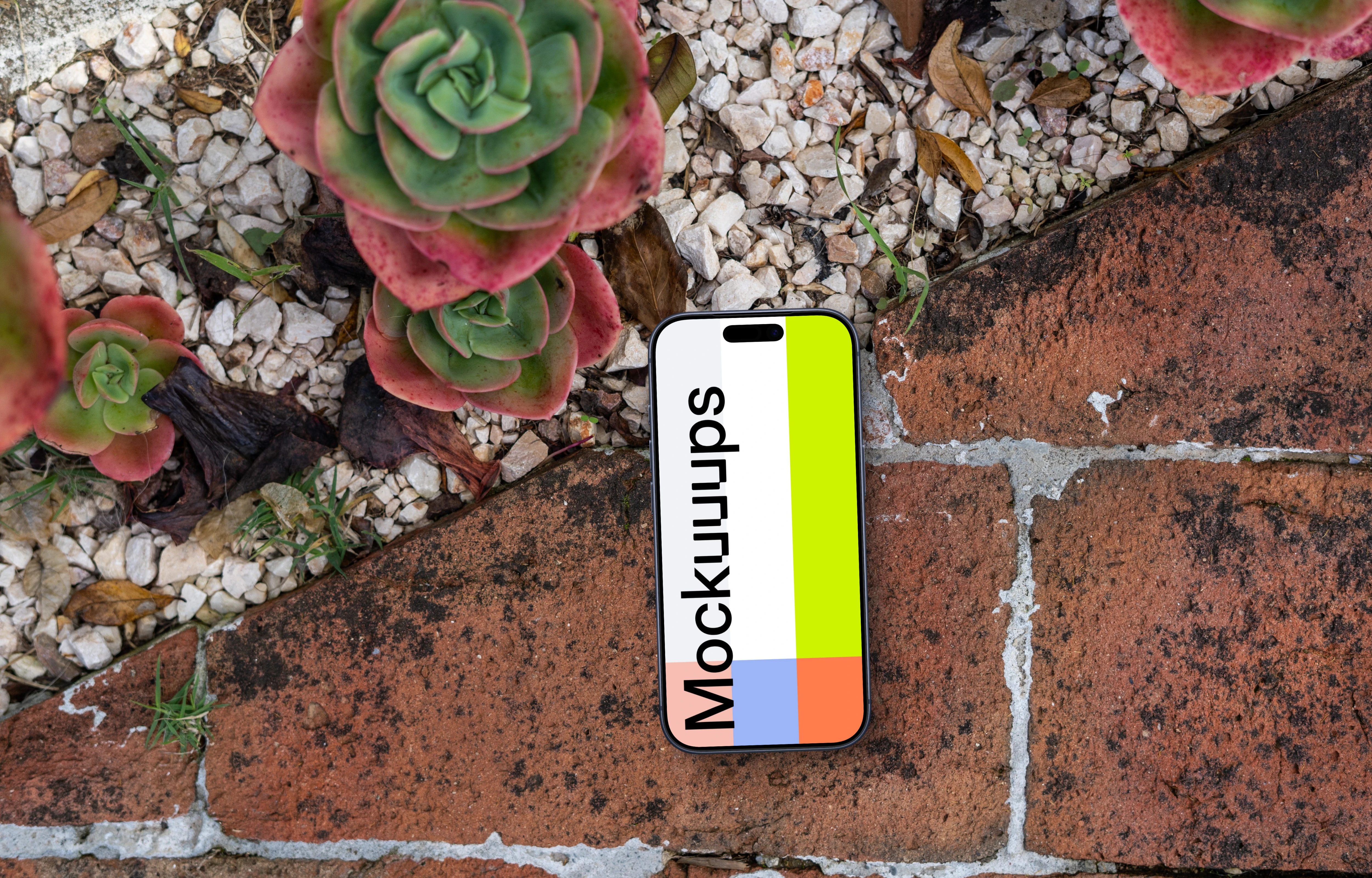 Smartphone mockup laying on a bricks next to succulents