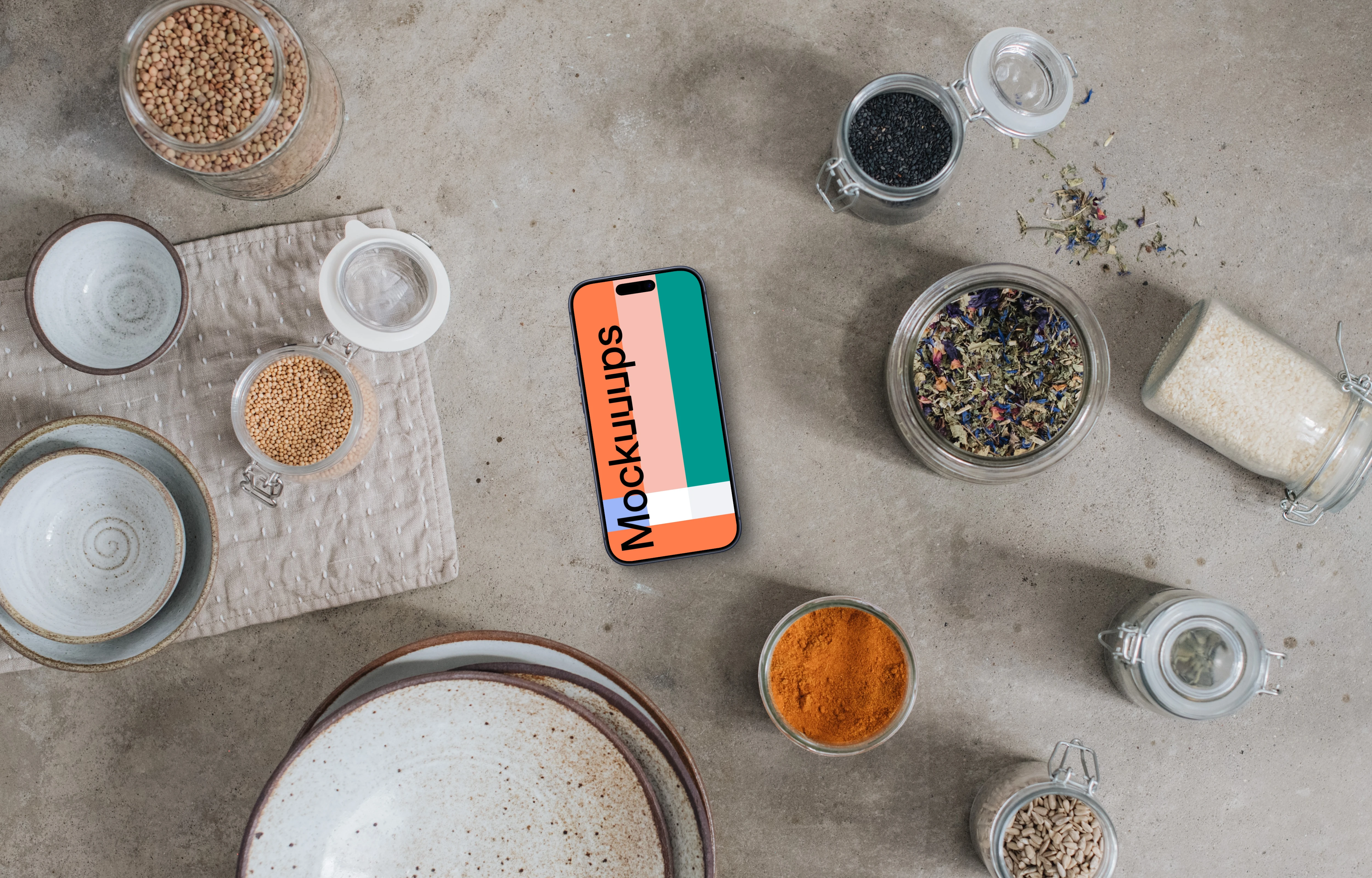 Smartphone mockup next to the spices and herbs