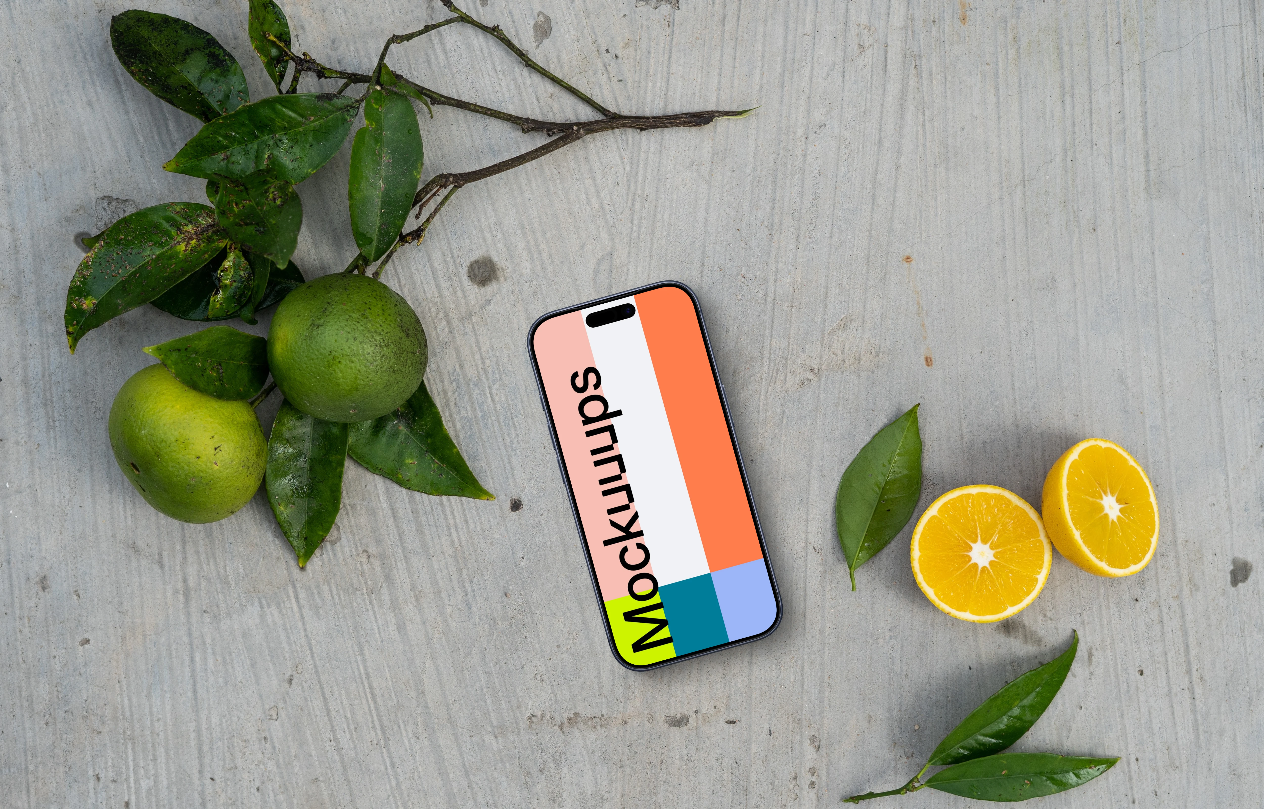 Smartphone mockup on a table with citrus fruits