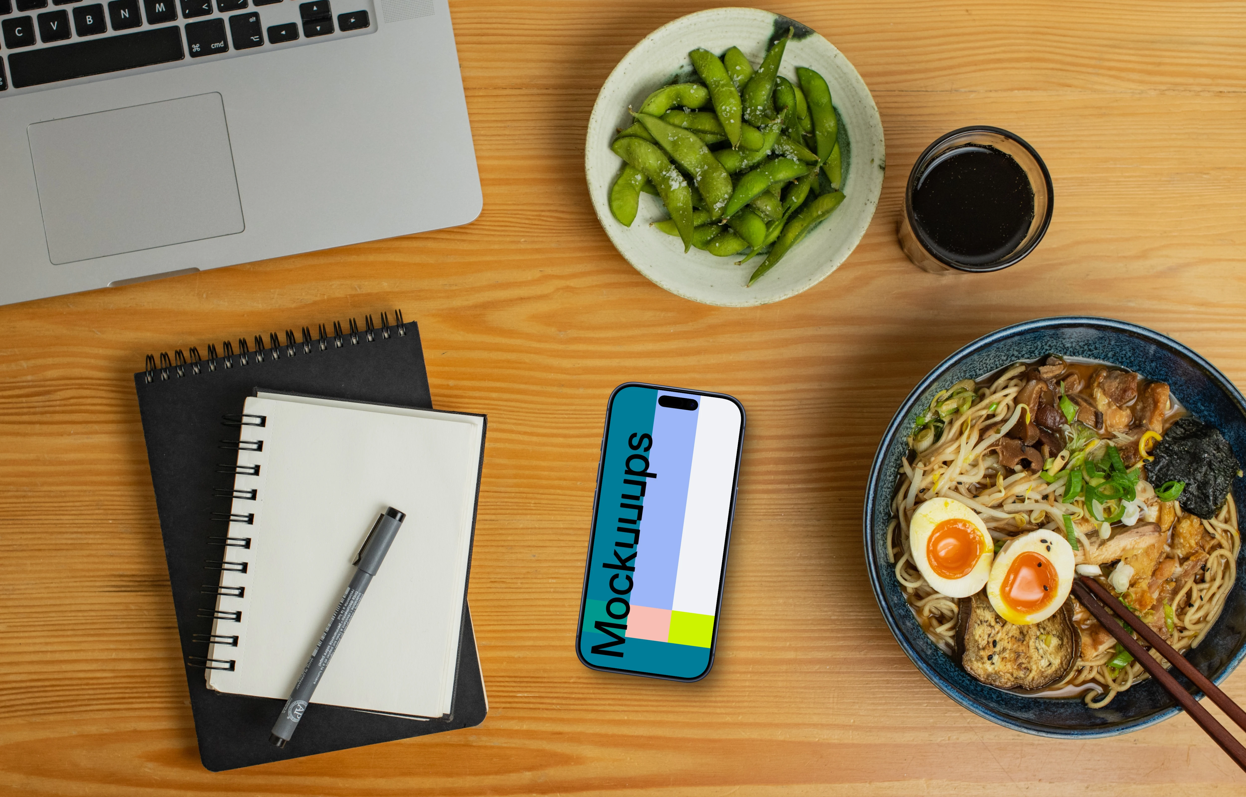 Smartphone mockup on table with japanese food