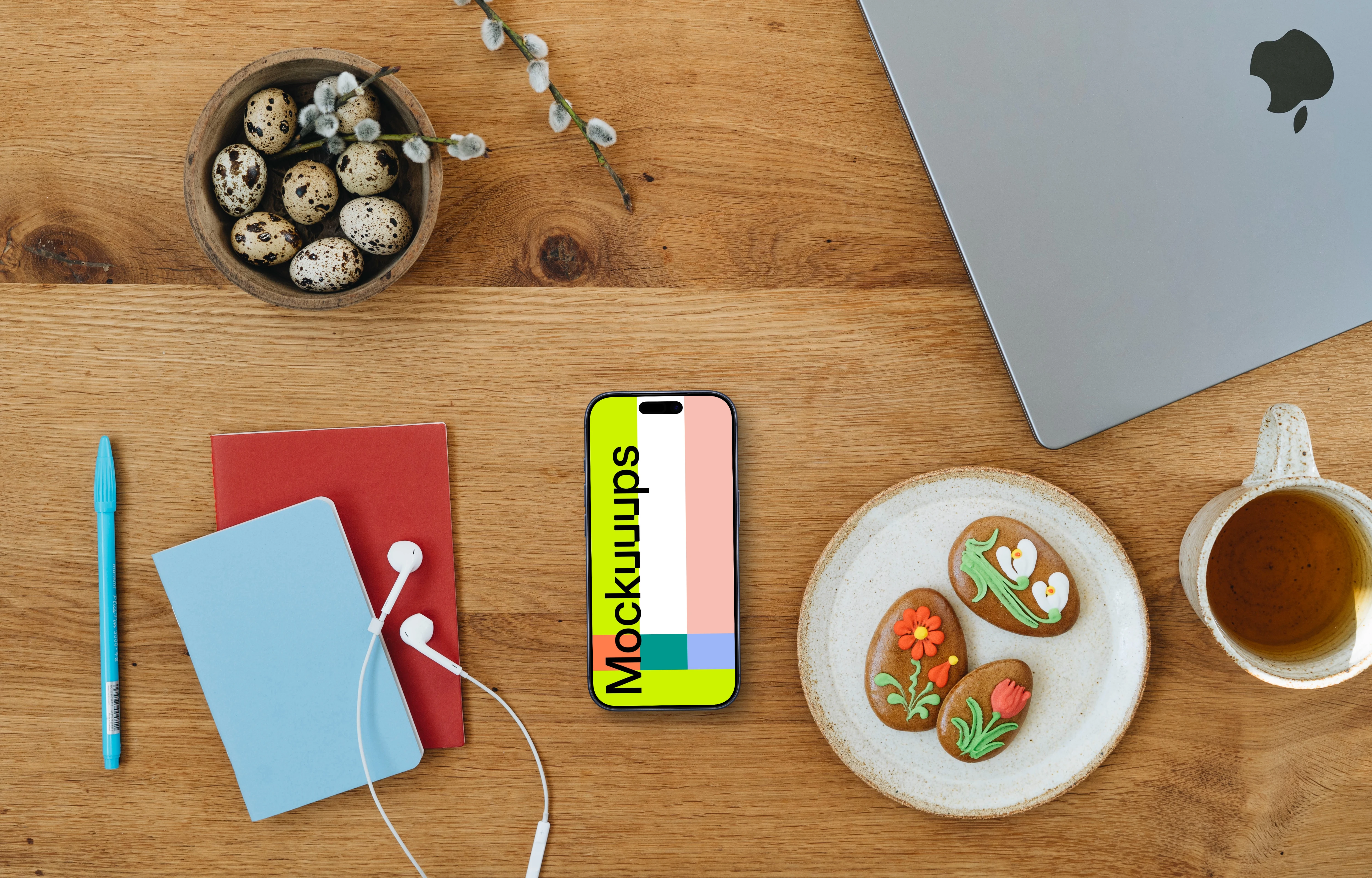 Smartphone mockup surrounded by Easter decorations