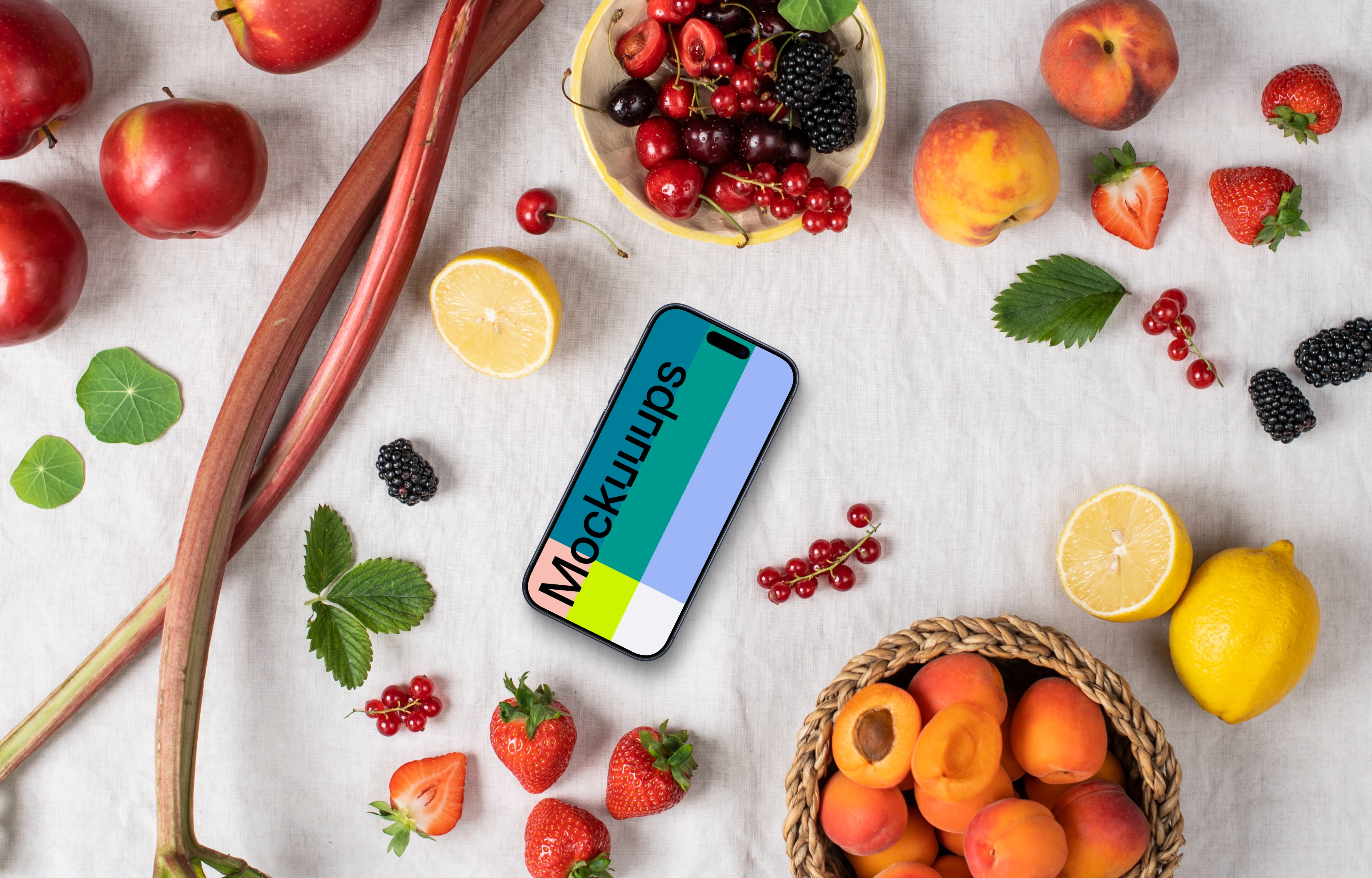 Smartphone mockup surrounded by fruits