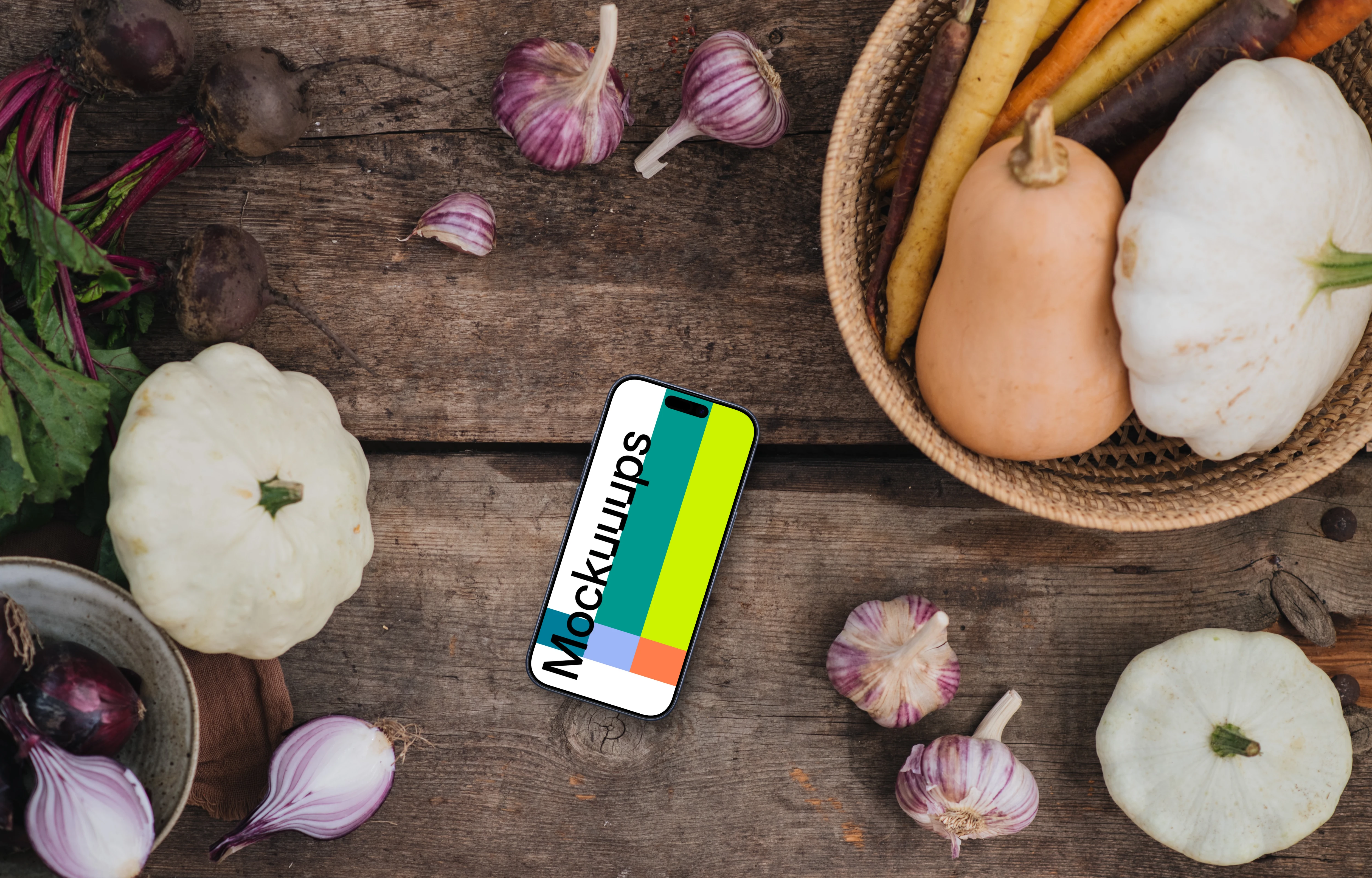 Smartphone mockup surrounded by vegetables