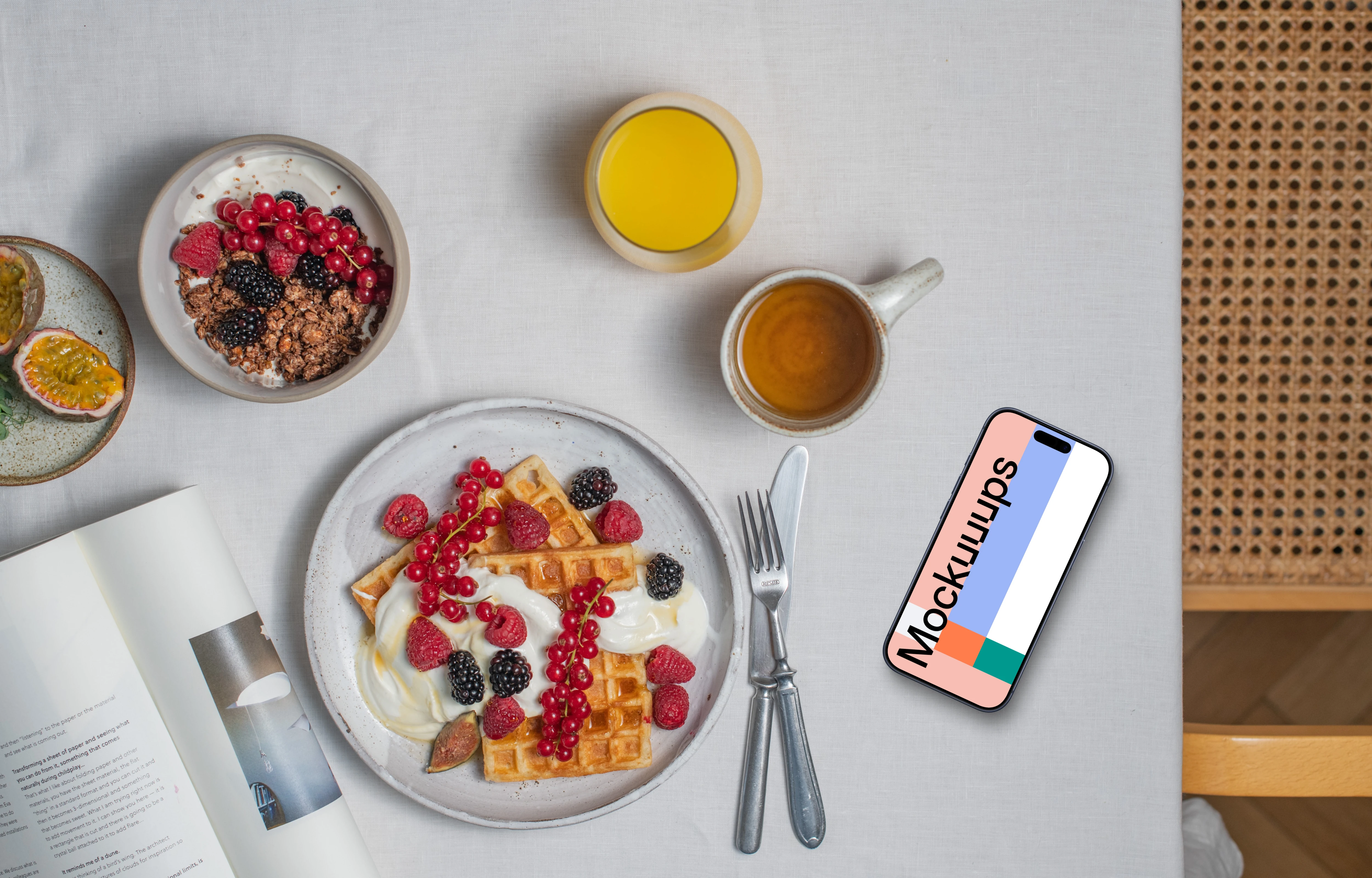 Smartphone mockup with breakfast meal