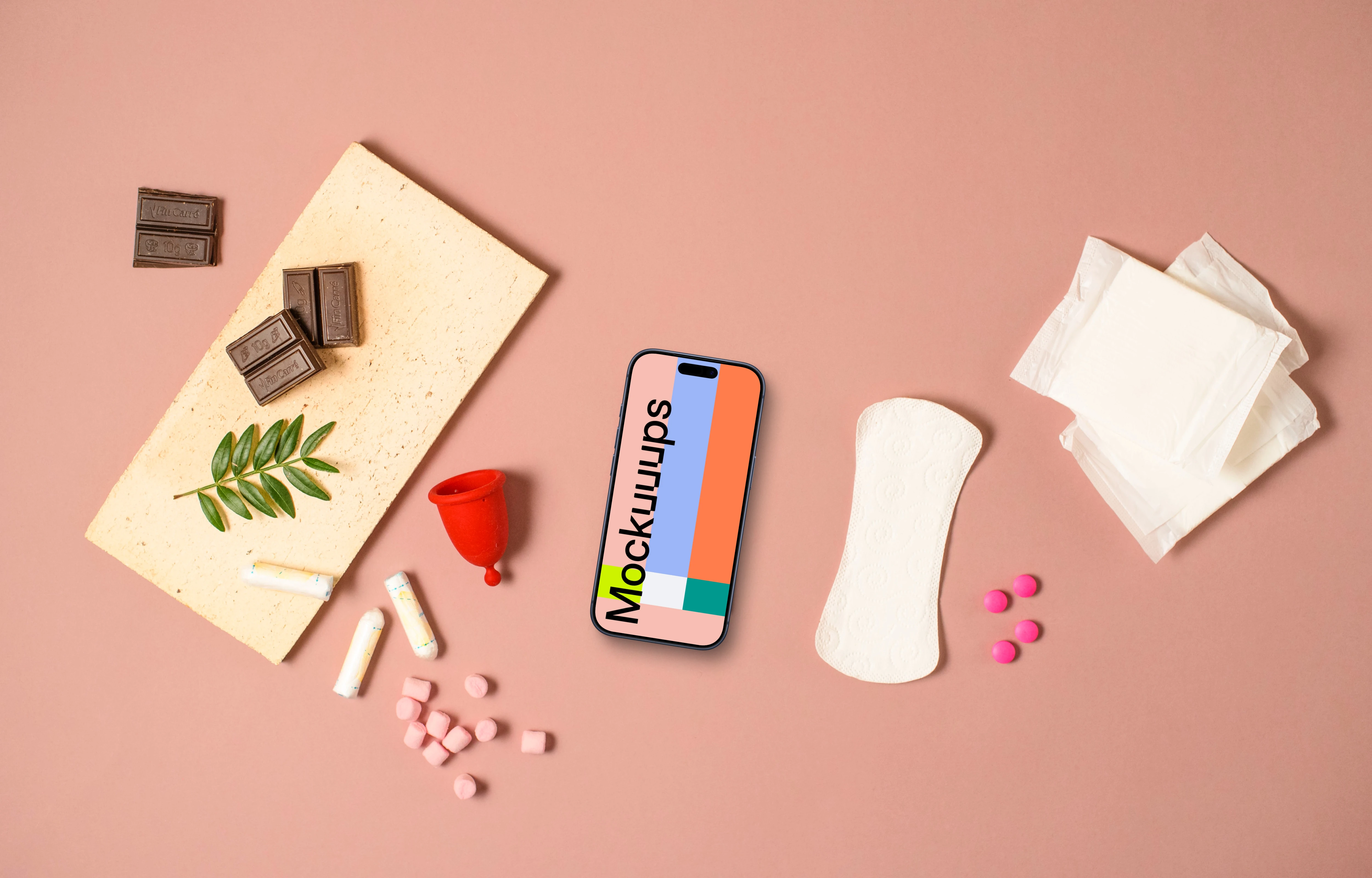 Smartphone mockup with feminine hygiene supplies