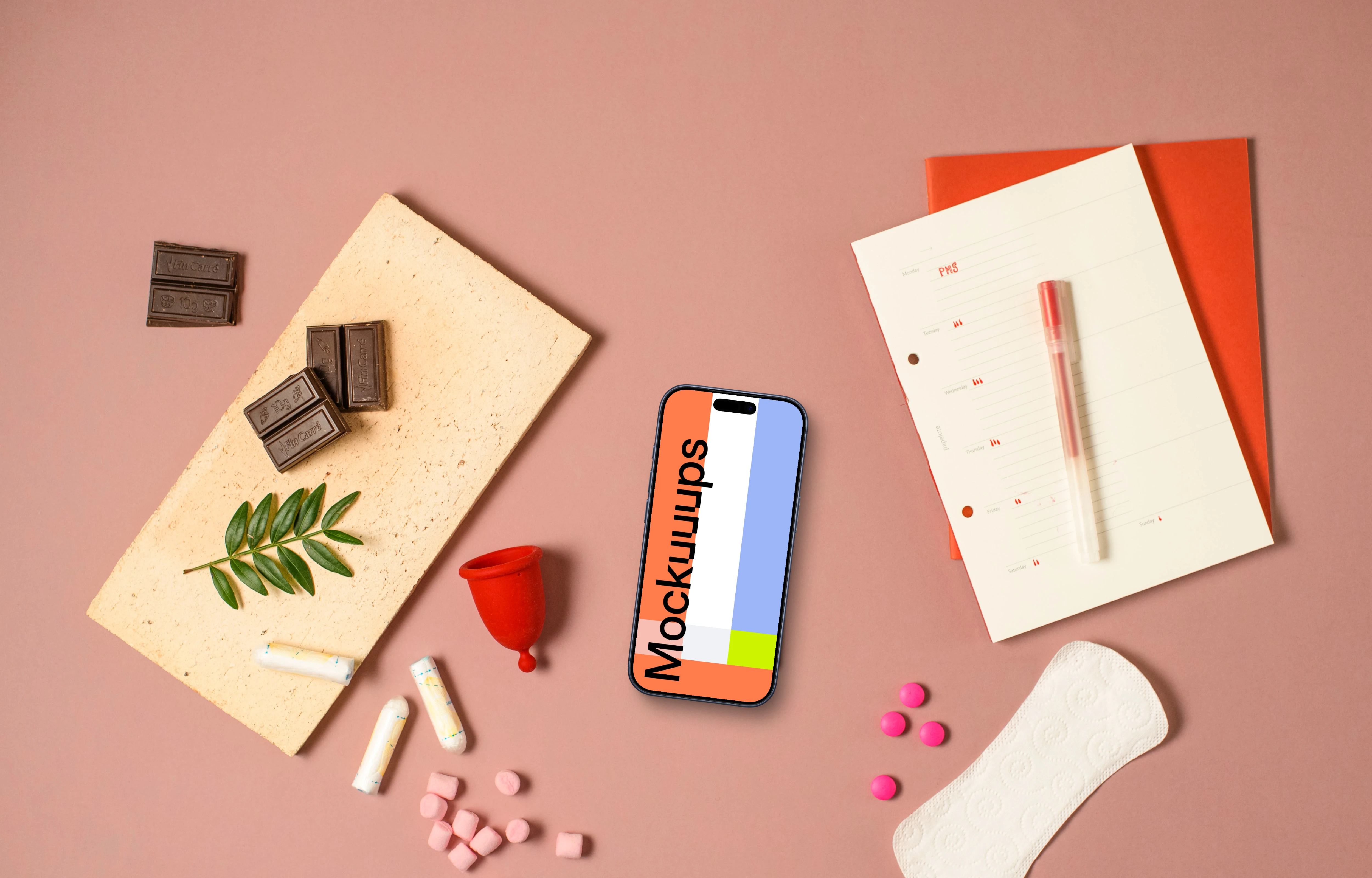 Smartphone mockup with menstrual hygiene essentials