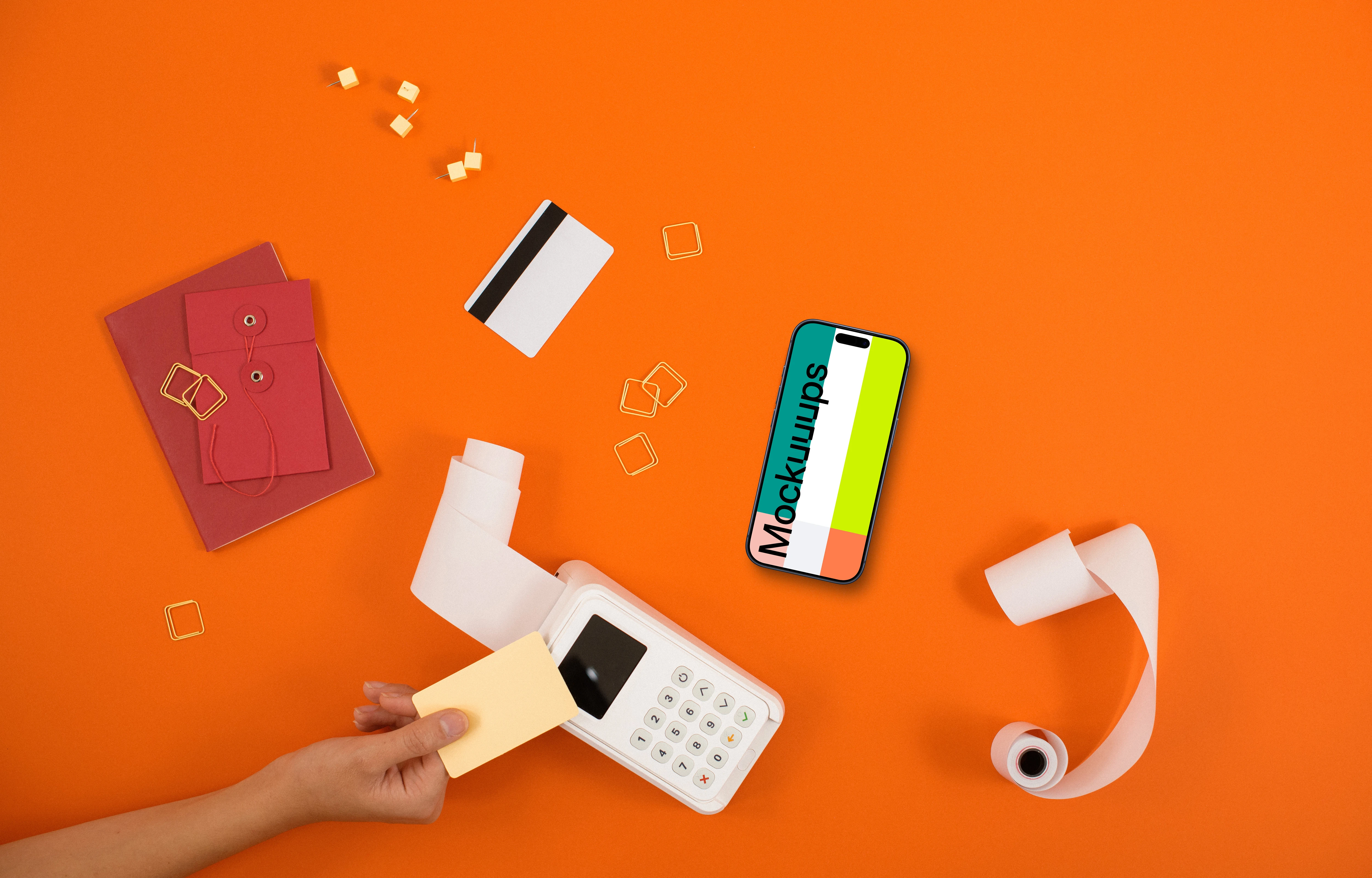 Smartphone with payment terminal mockup on orange background