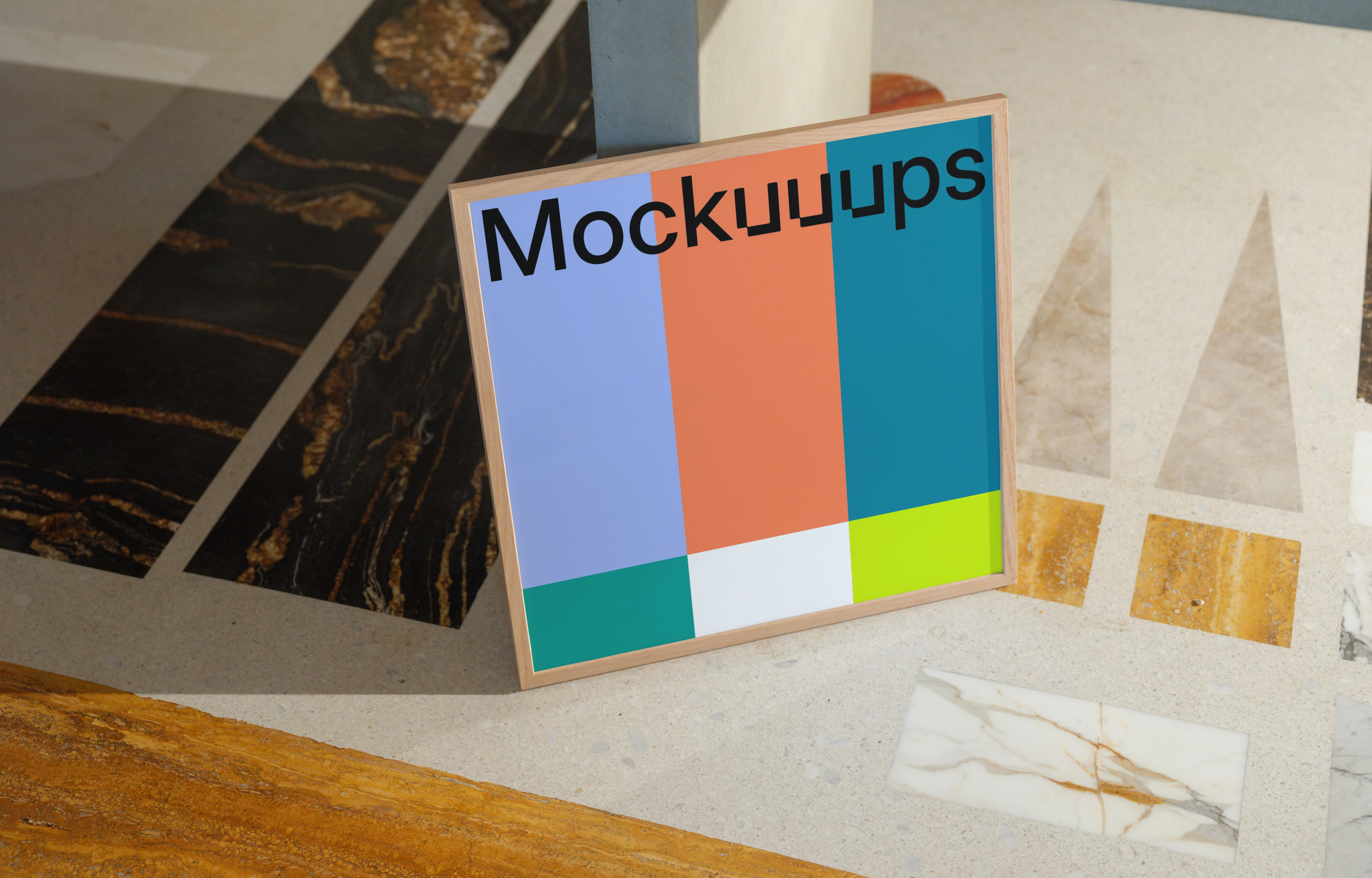 Square mockup of a wooden frame device on a geometric surface