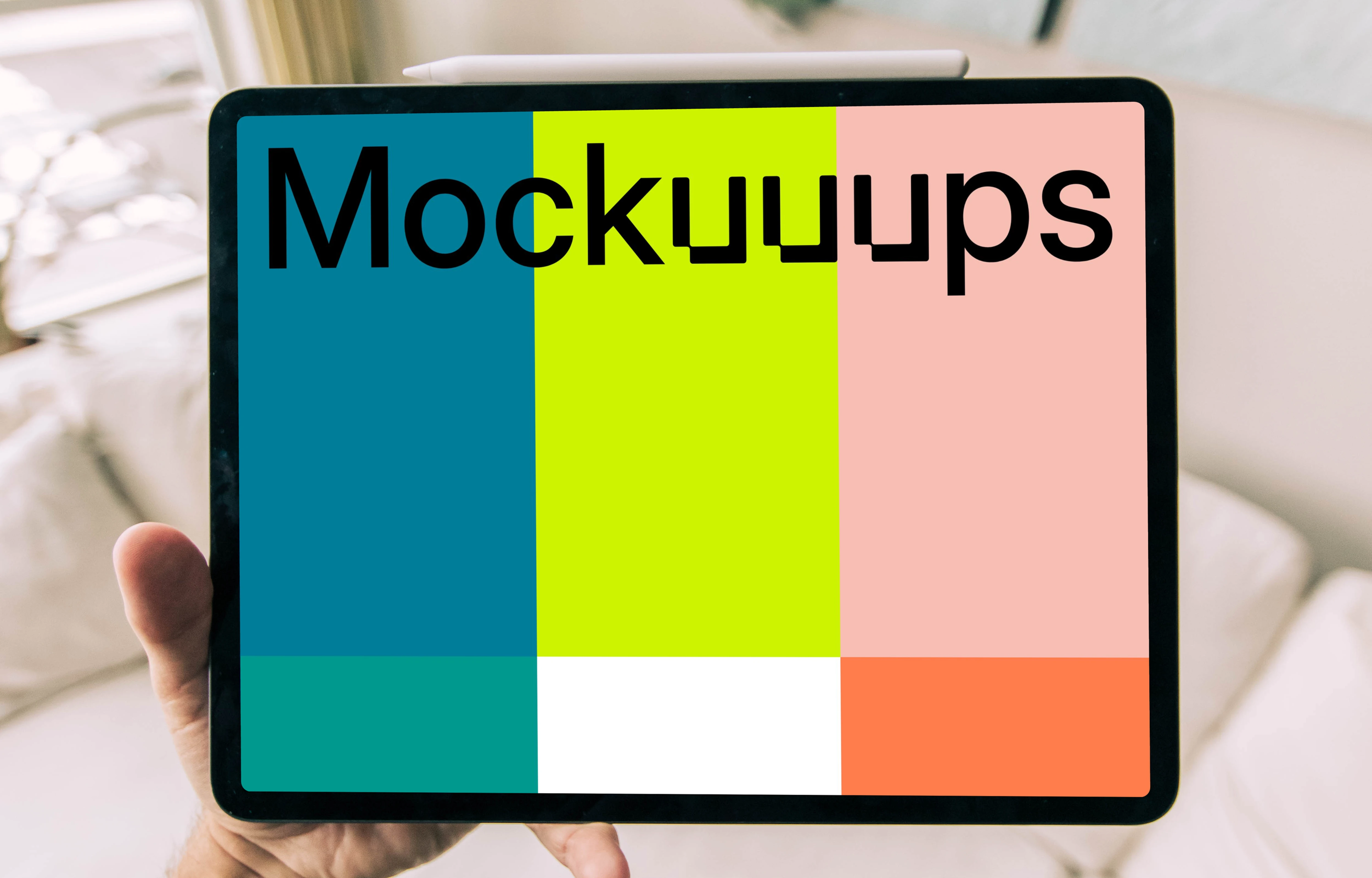 Tablet mockup held by a user over a couch