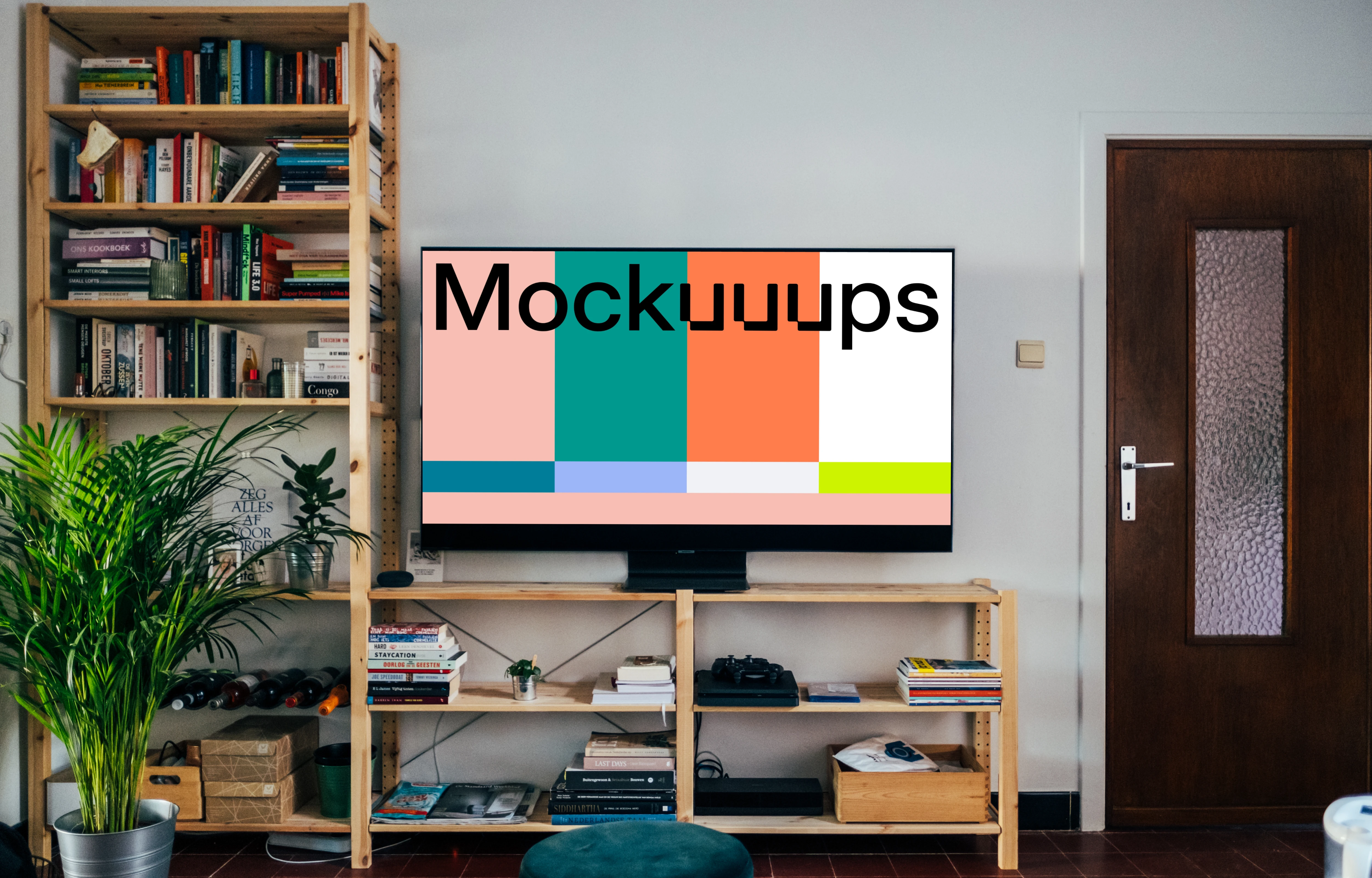 Television mockup on a wooden table stand