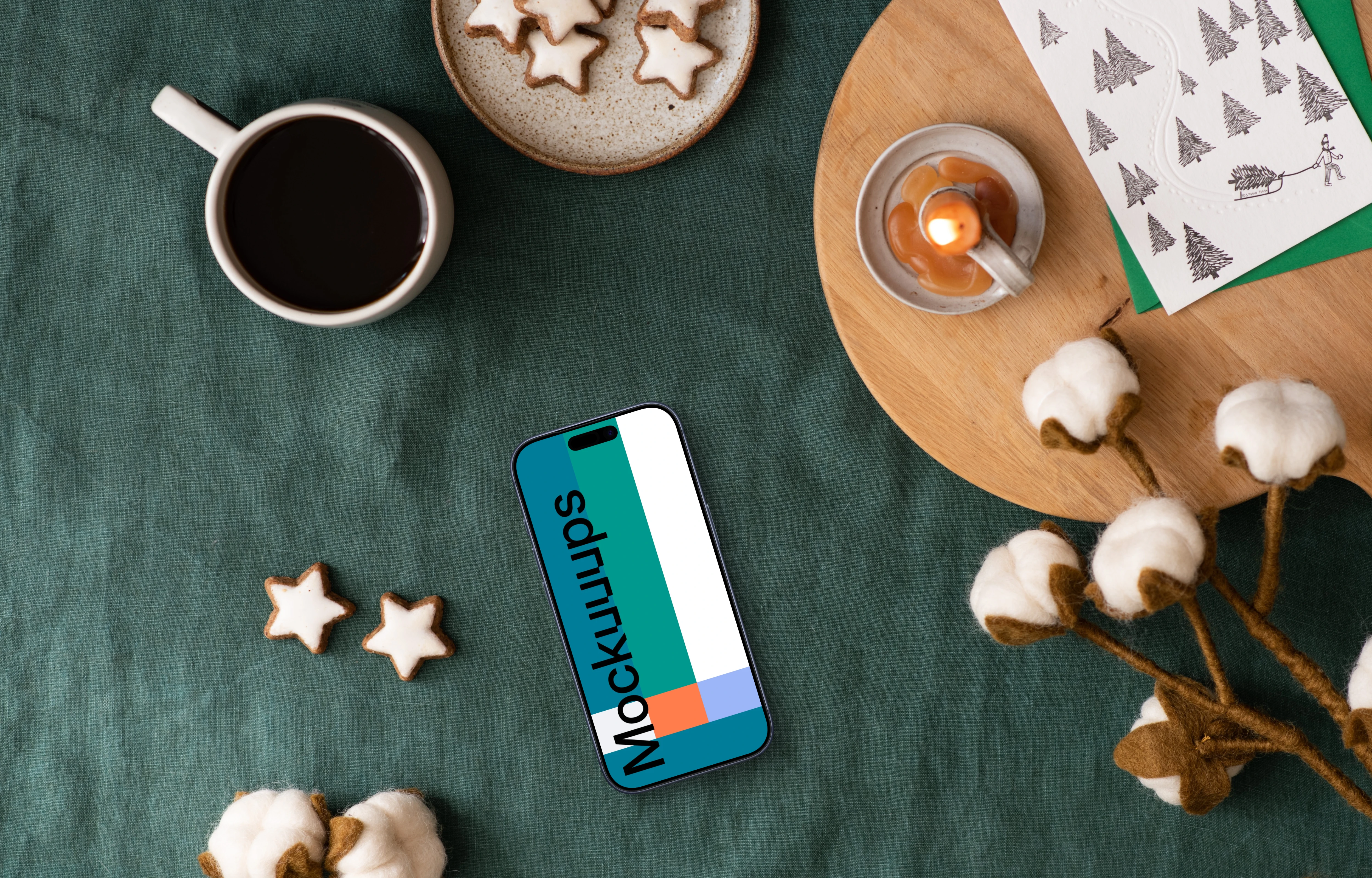 Top view of christmas table with smartphone