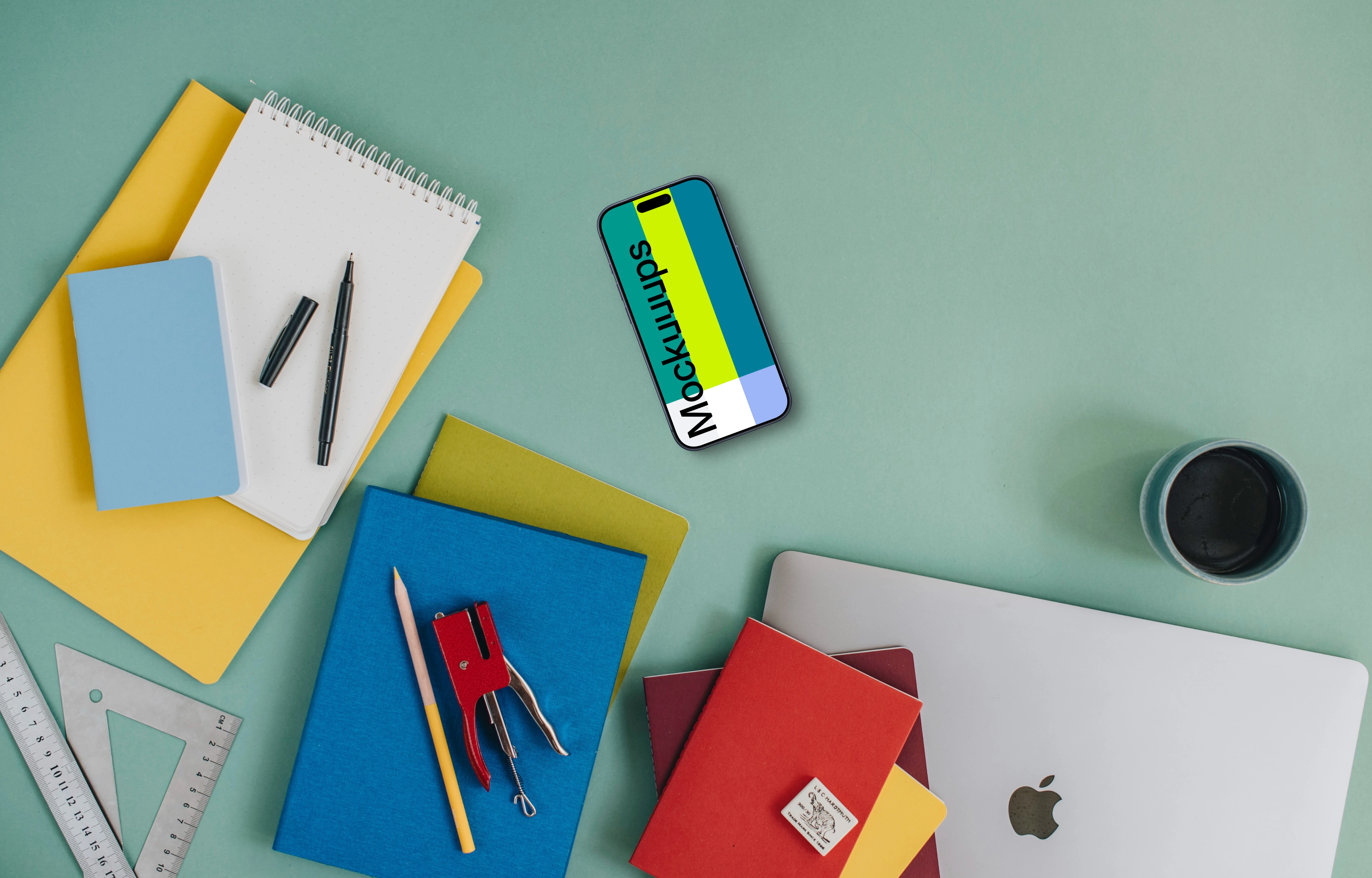 Top view of phone mockup with back to school elements