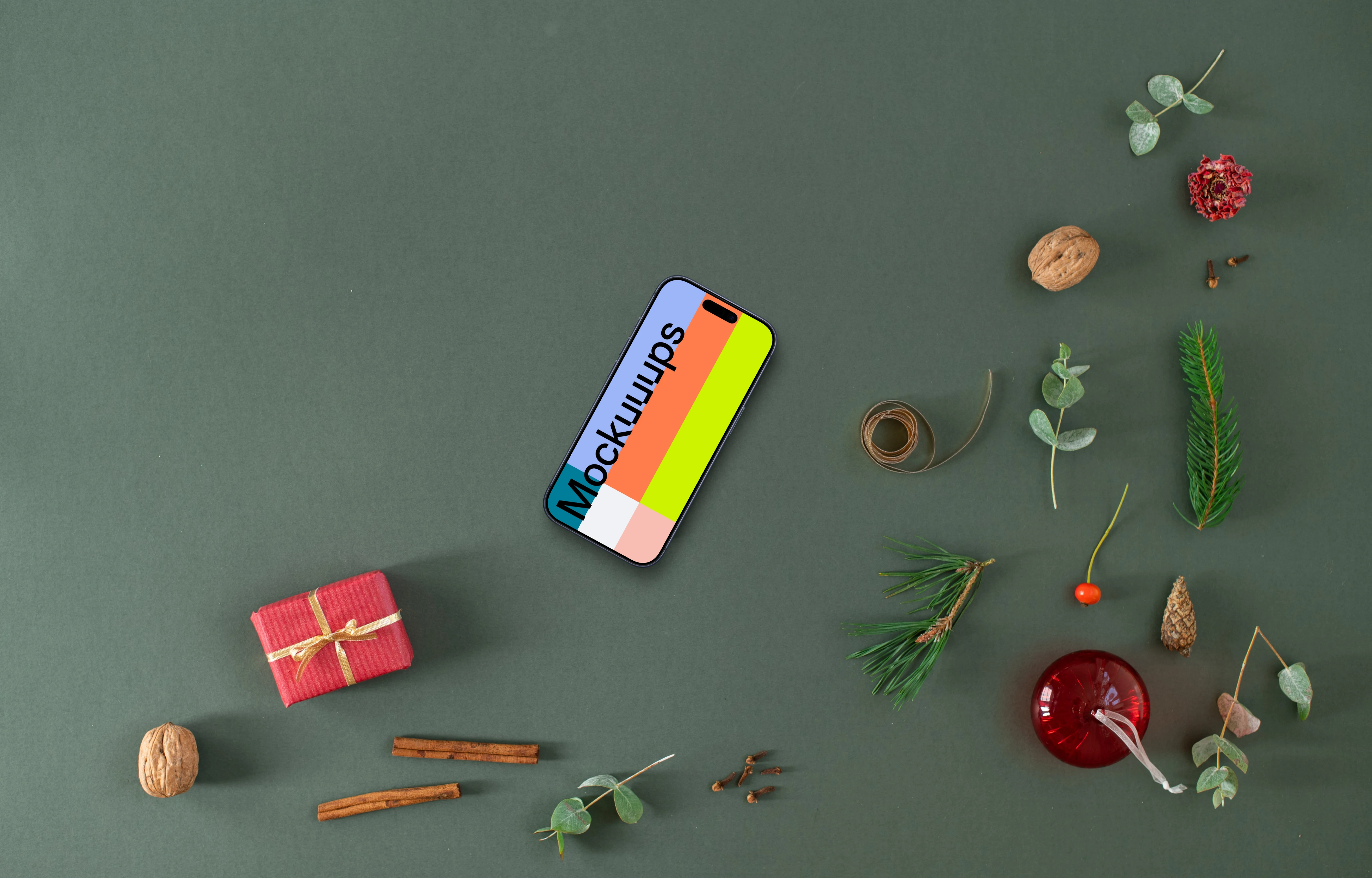 Top view of phone mockup with christmas background