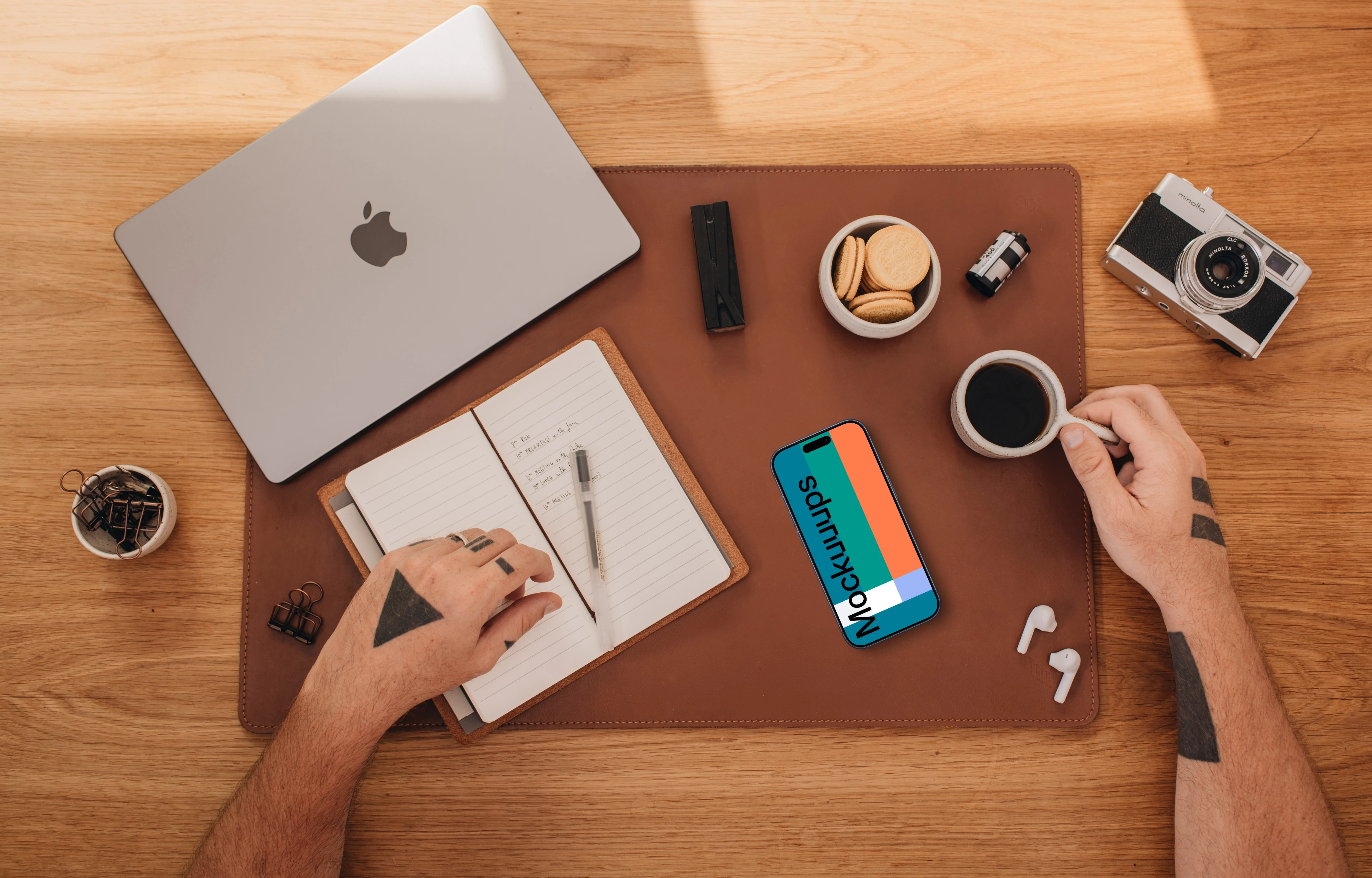 Top view of smartphone mockup at home office setup
