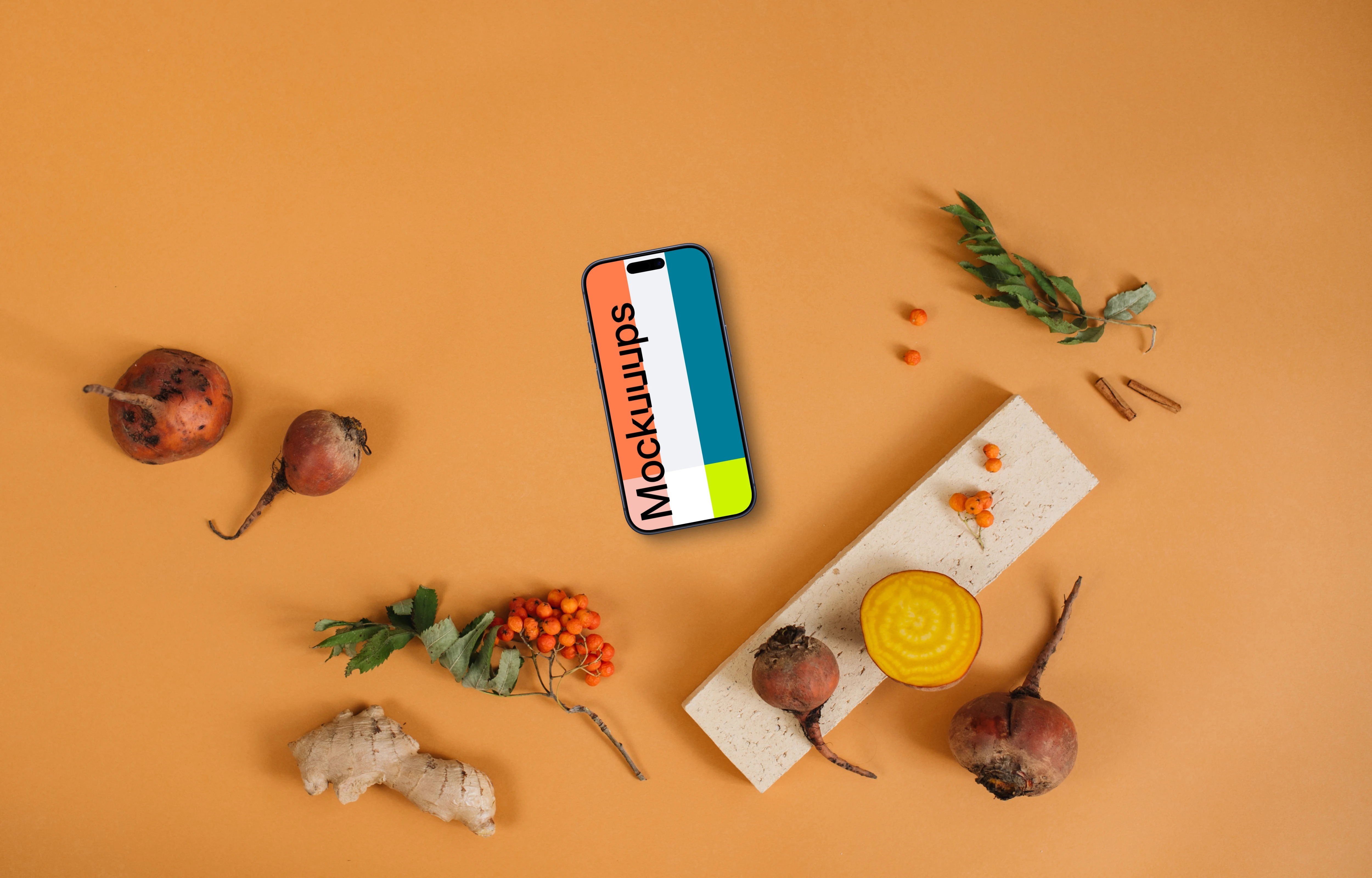 Top view of smartphone mockup on the orange background