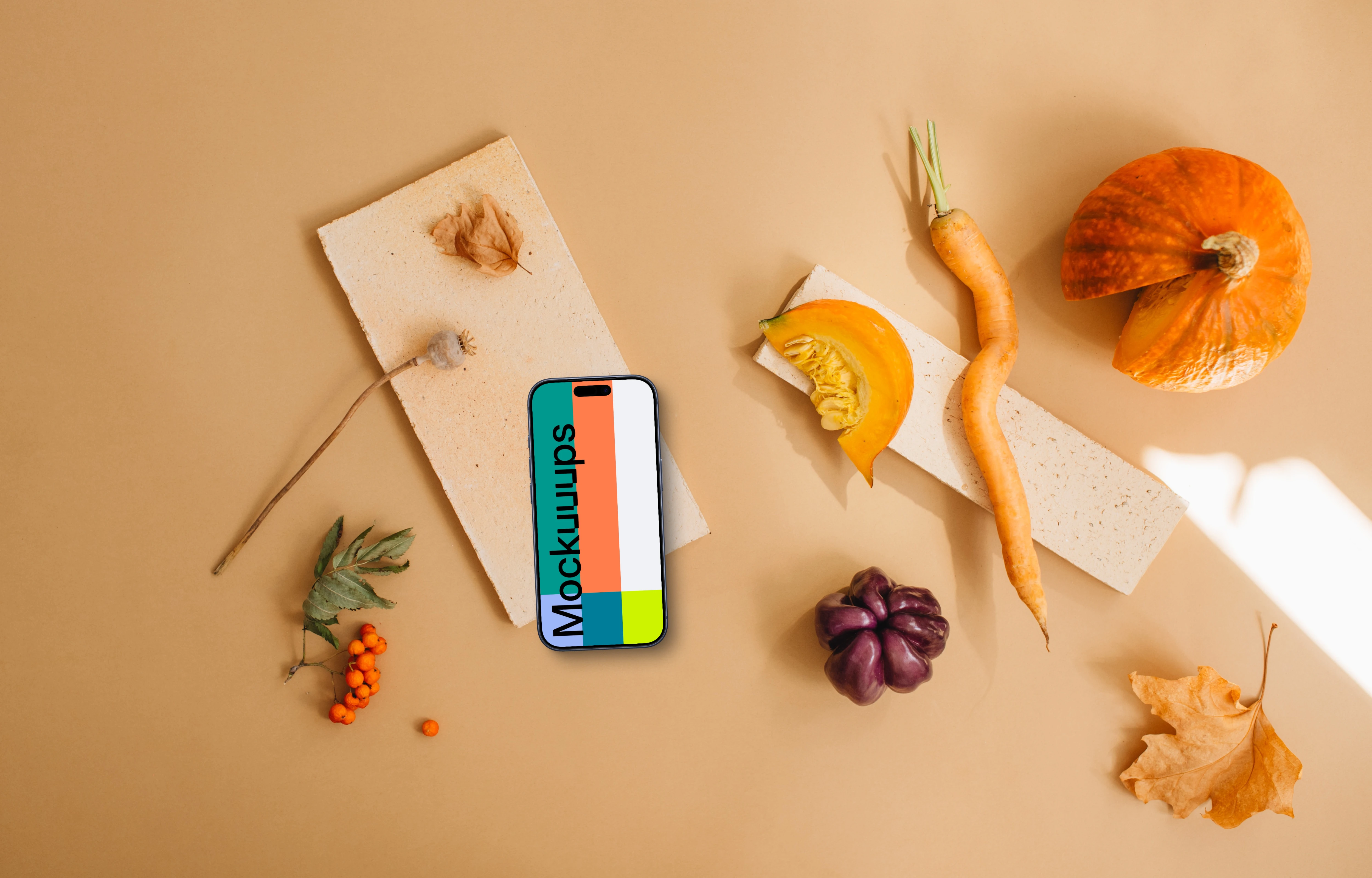 Top view of smartphone mockup surrounded by vegetables