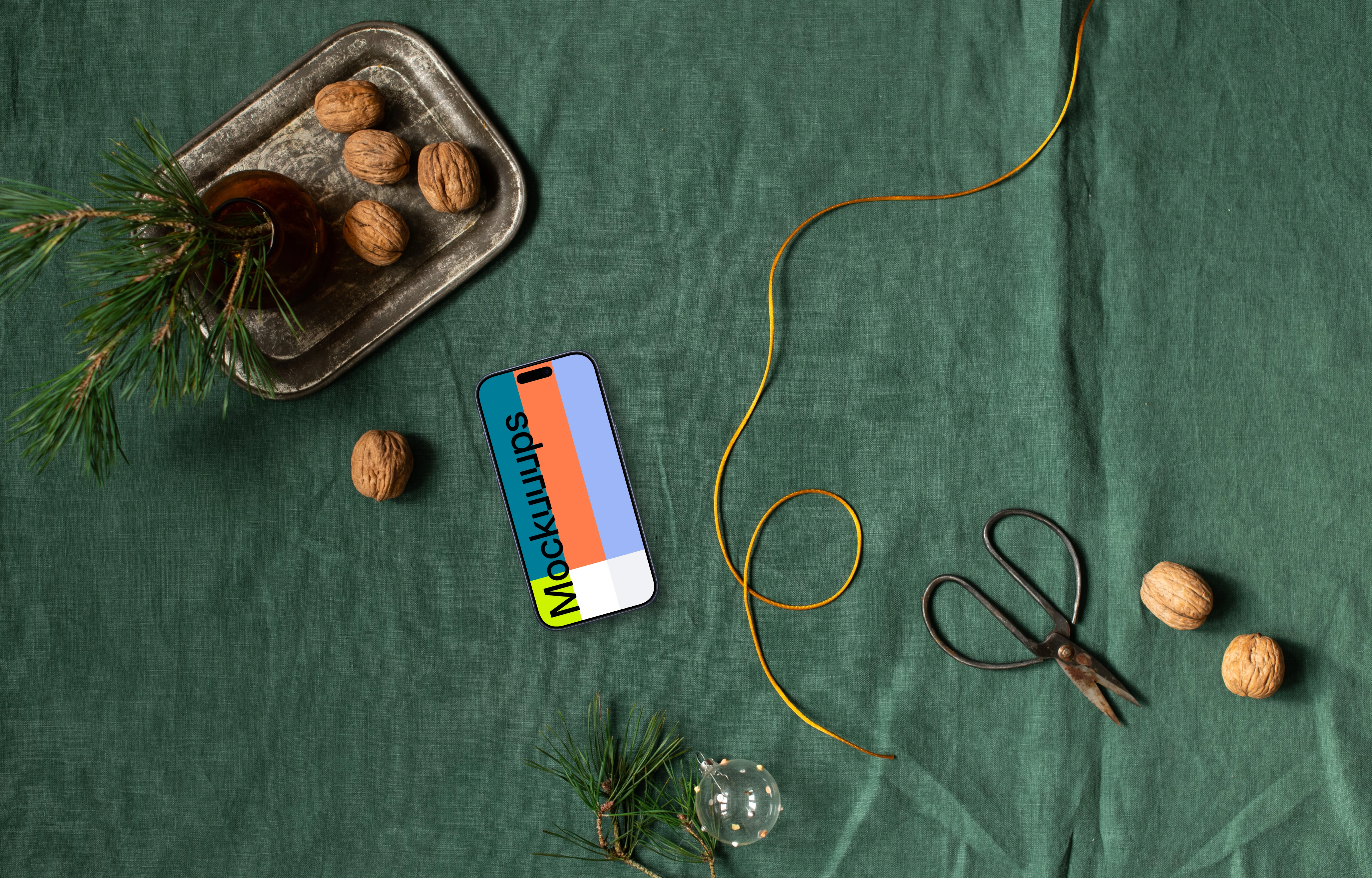 Top view of smartphone mockup with christmas design