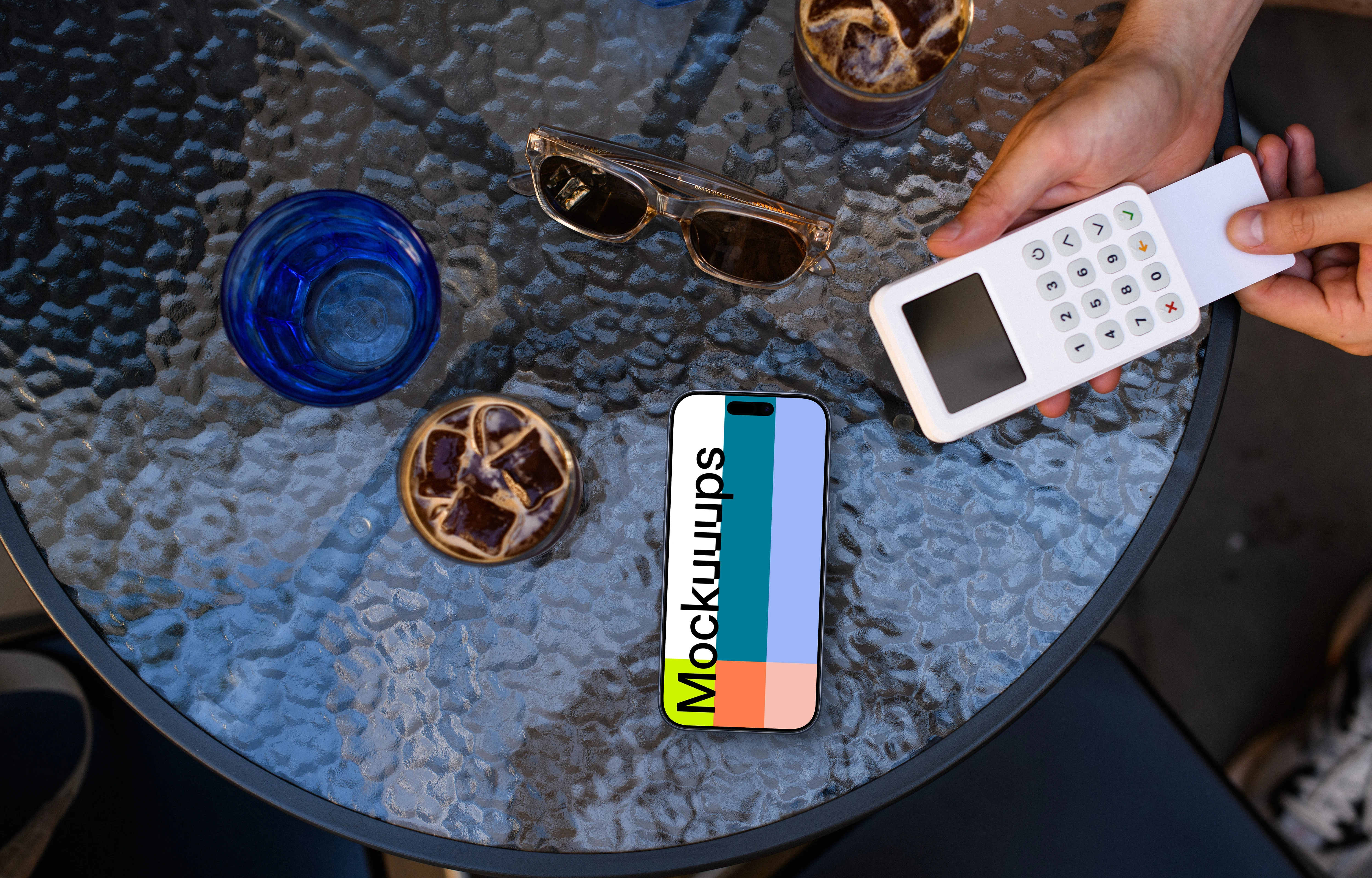 Transaction in the coffee shop and an iPhone mockup