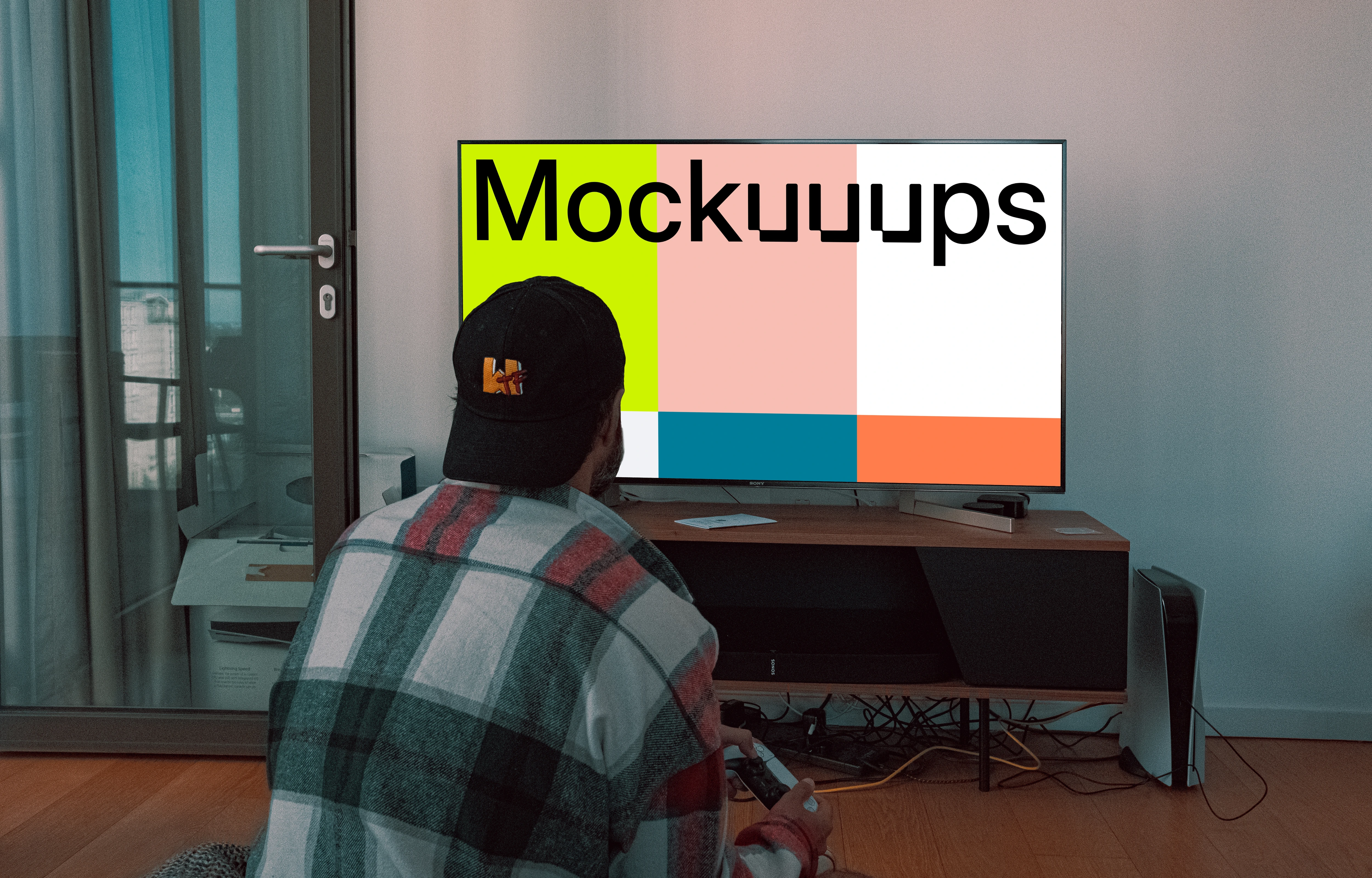 TV mockup with a PS5 on the side