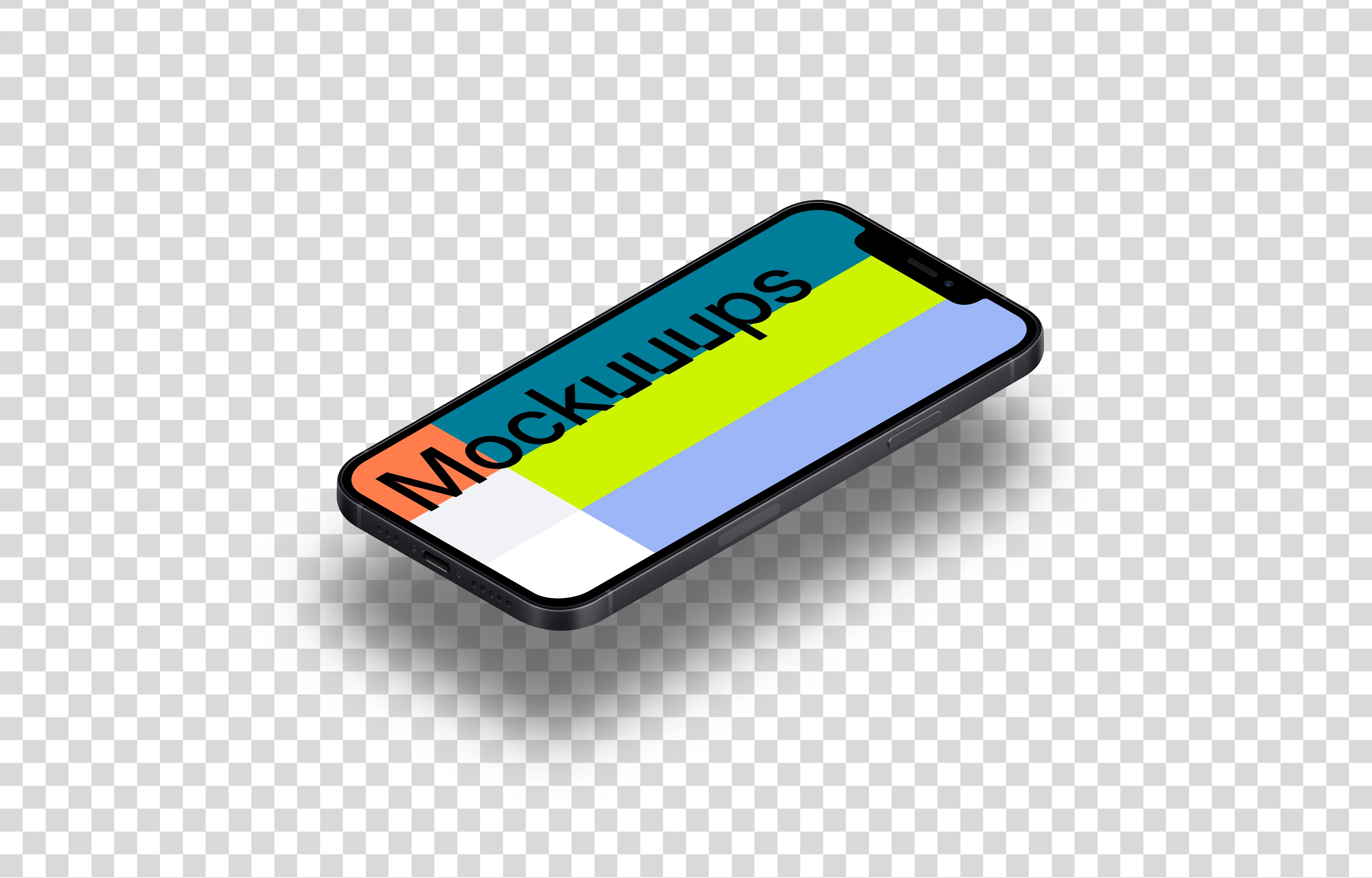 iPhone 12 Mockup (Isometric Floor Right - Floating Shadow)