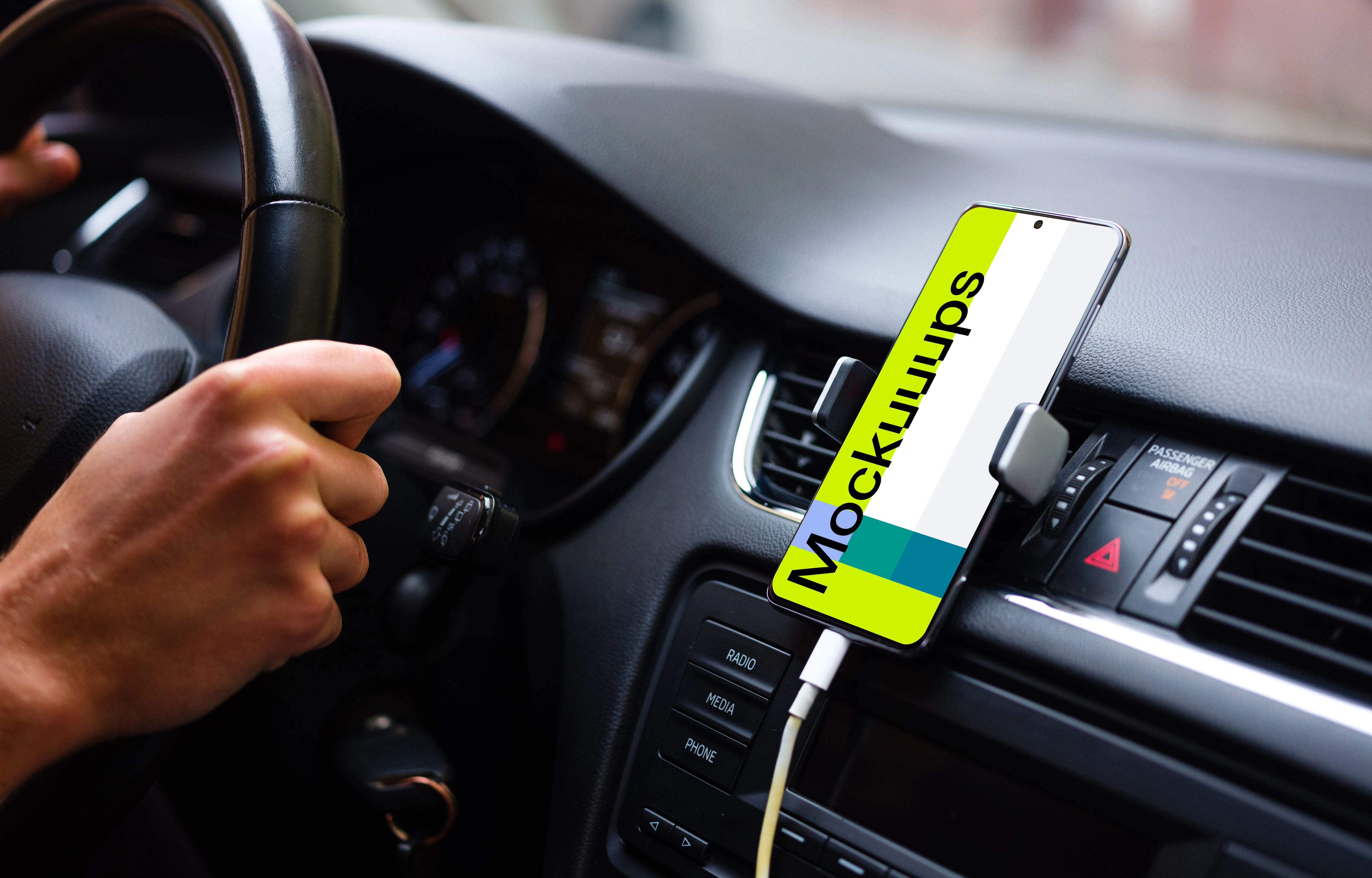 Driving a car with Samsung S20 mockup mounted in car cradle