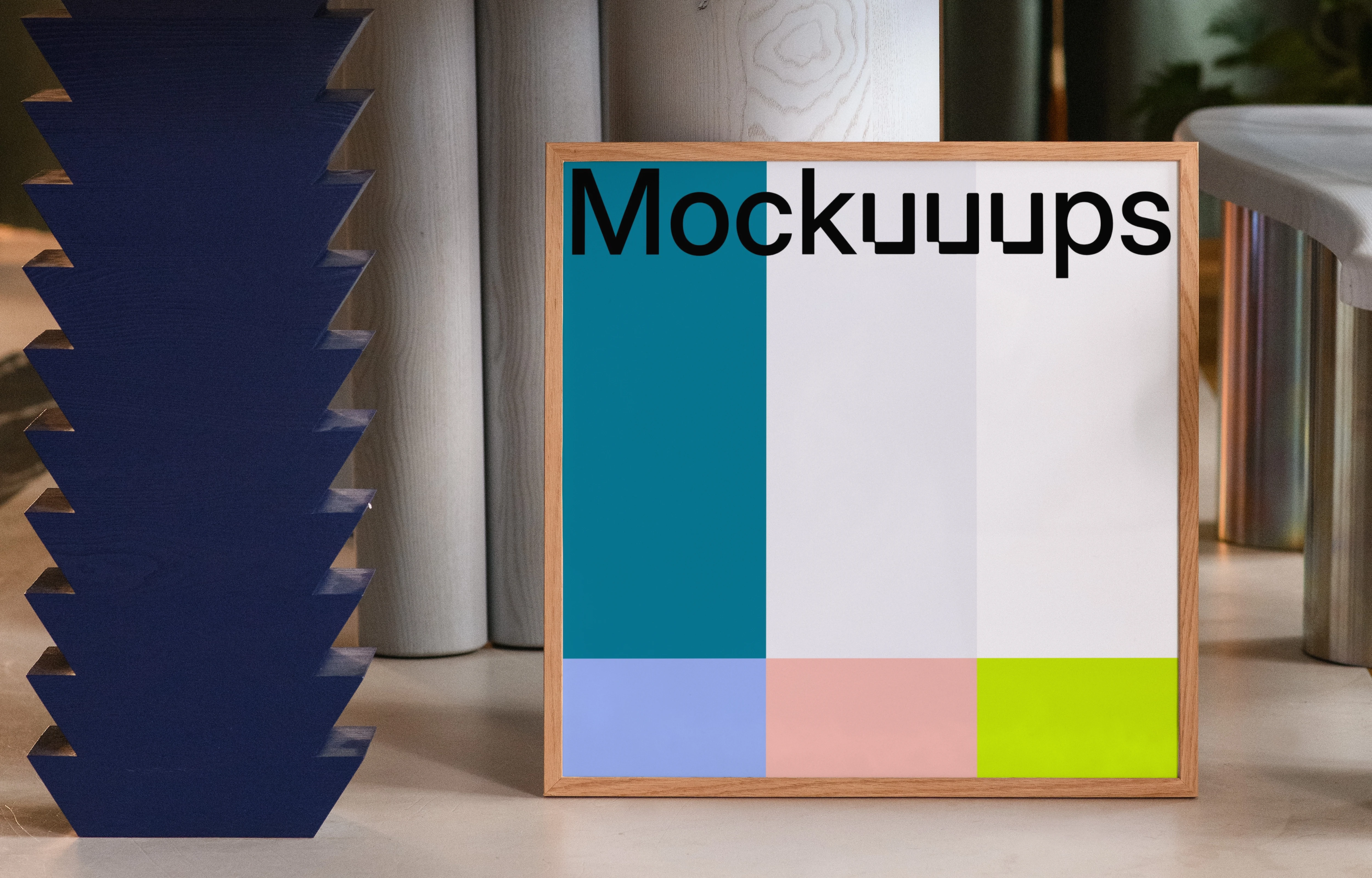 Wooden frame mockup on a modern table with decor