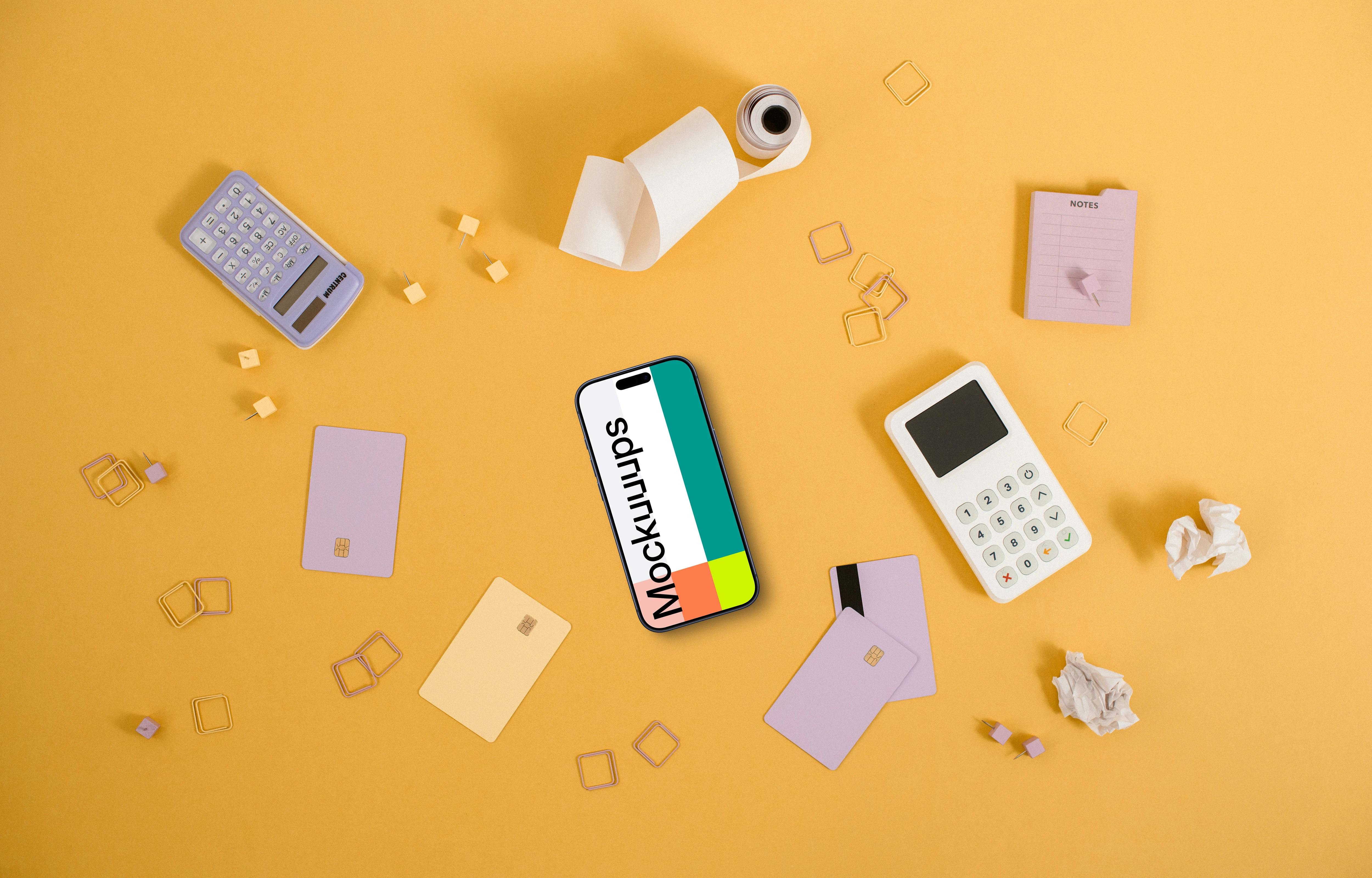 Yellow background with payment terminal and an iPhone mockup