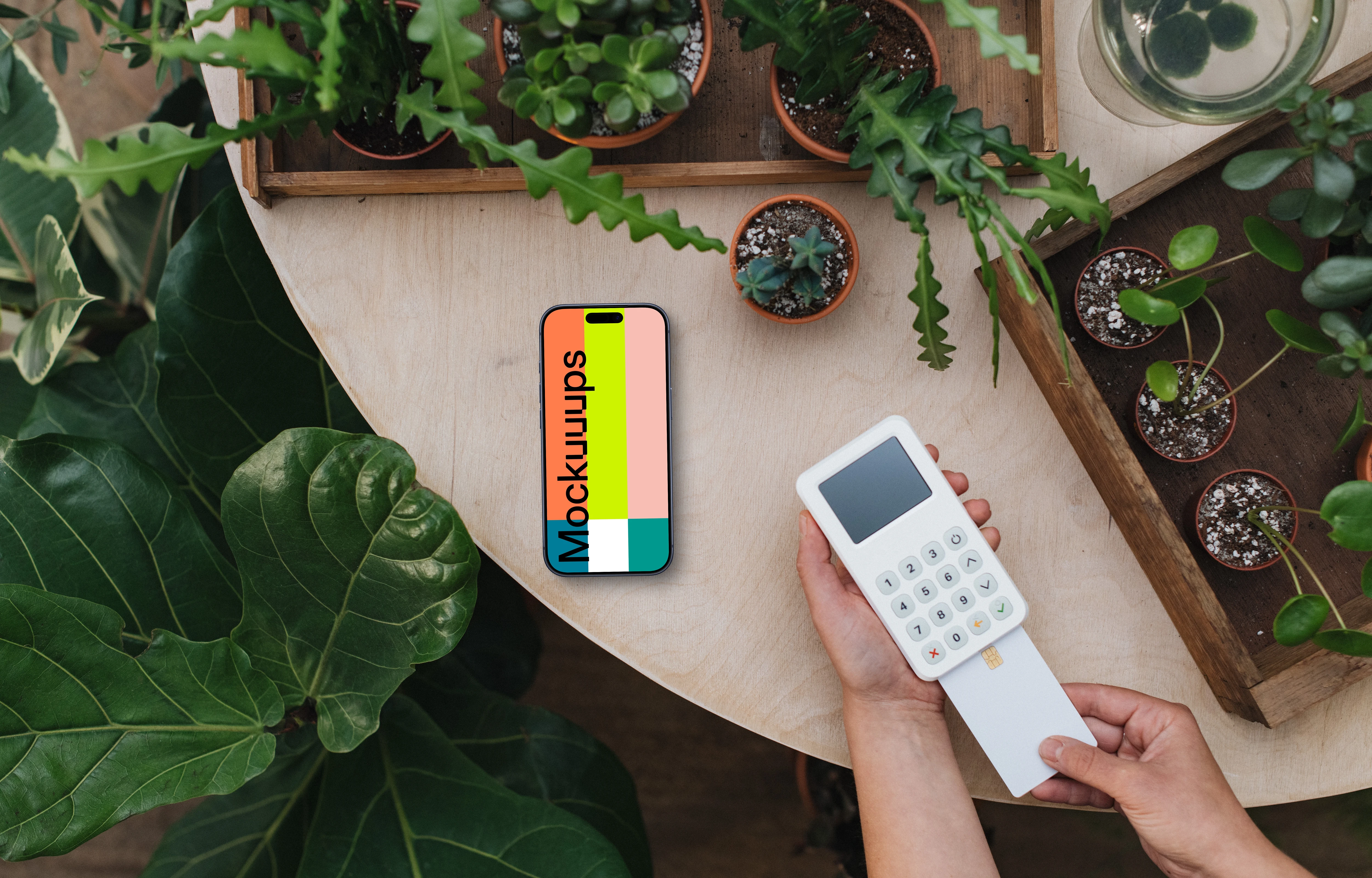 Payment terminal and an iPhone mockup surrounded by plants