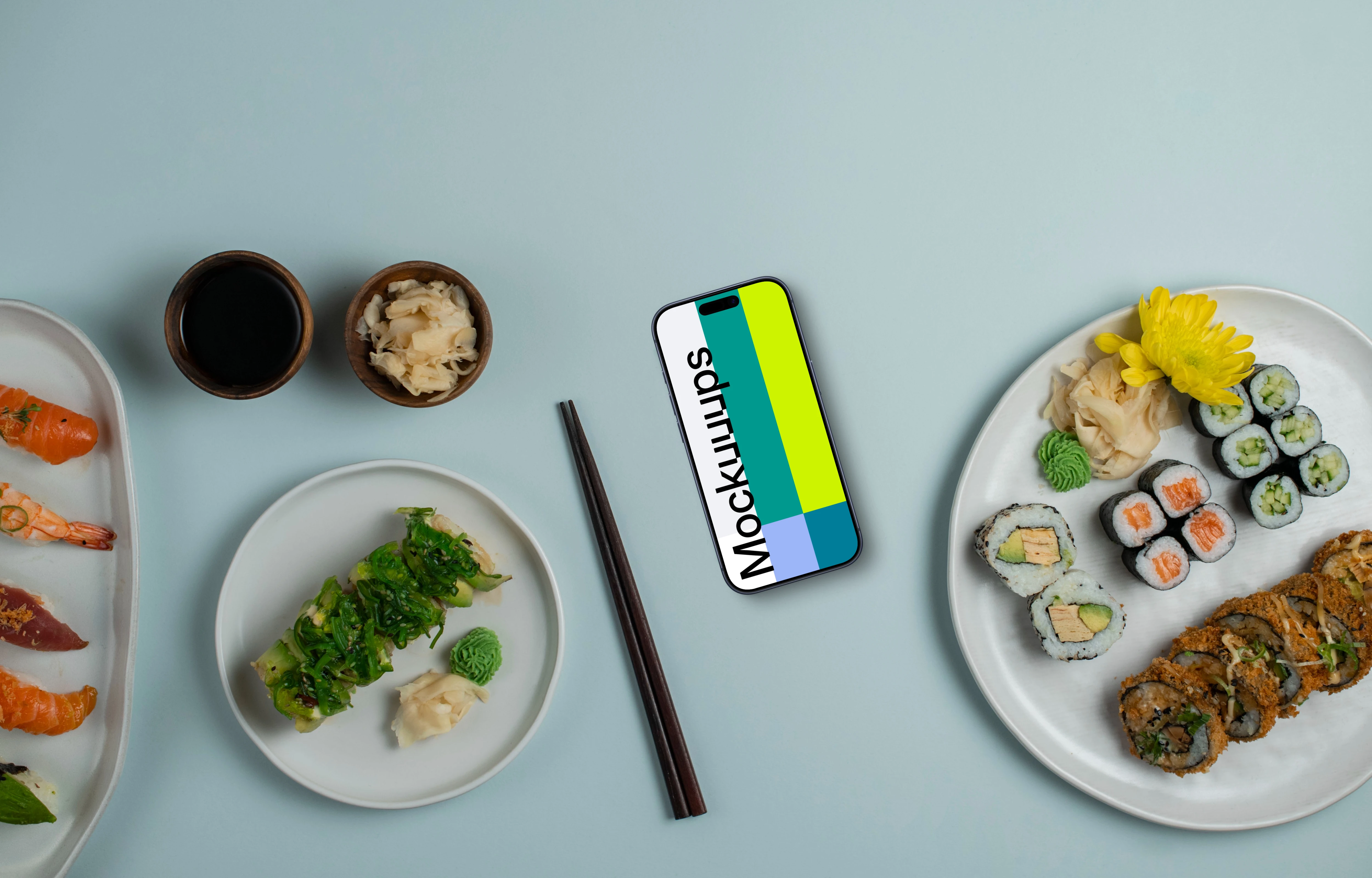 Several sushi rolls with Smartphone mockup