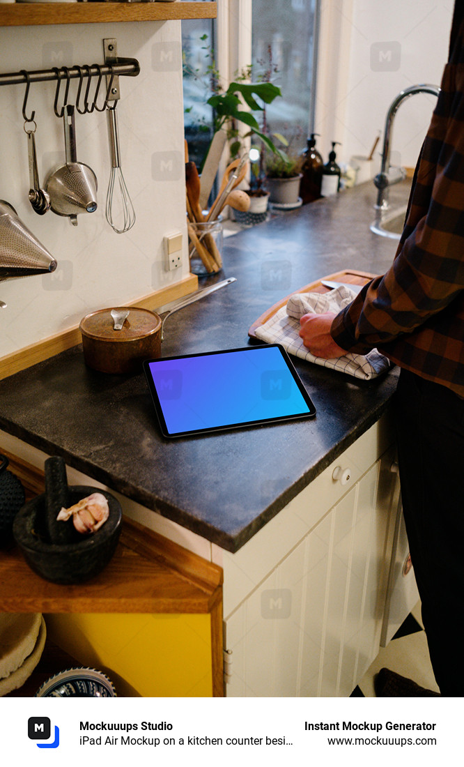 iPad Air Mockup on a kitchen counter beside a pot