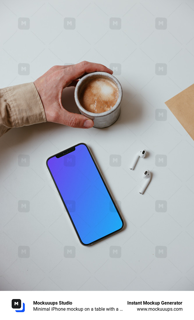 Minimal iPhone mockup on a table with a pair of Airpods and a cup of coffee