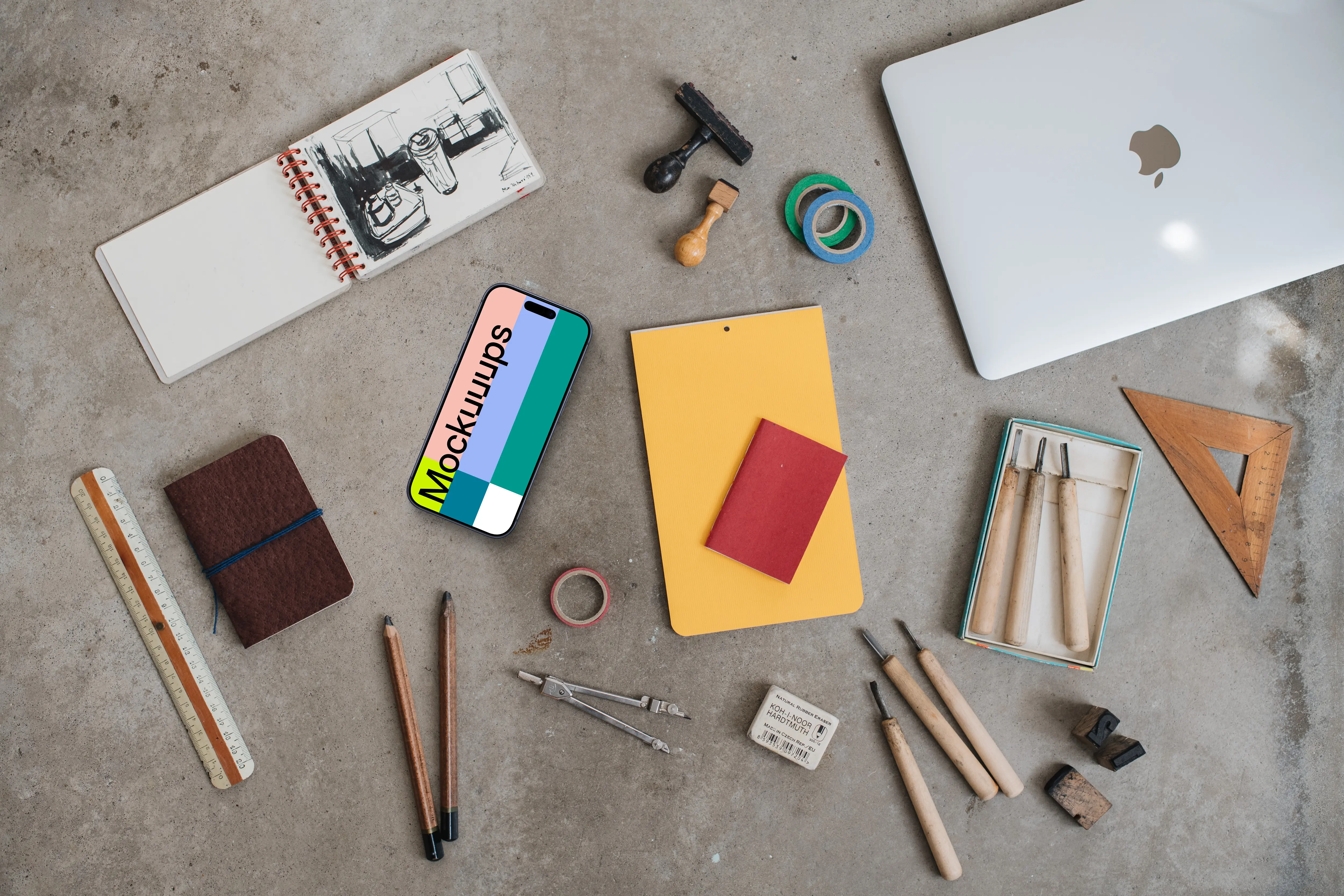 Artist's equipment with a phone mockup