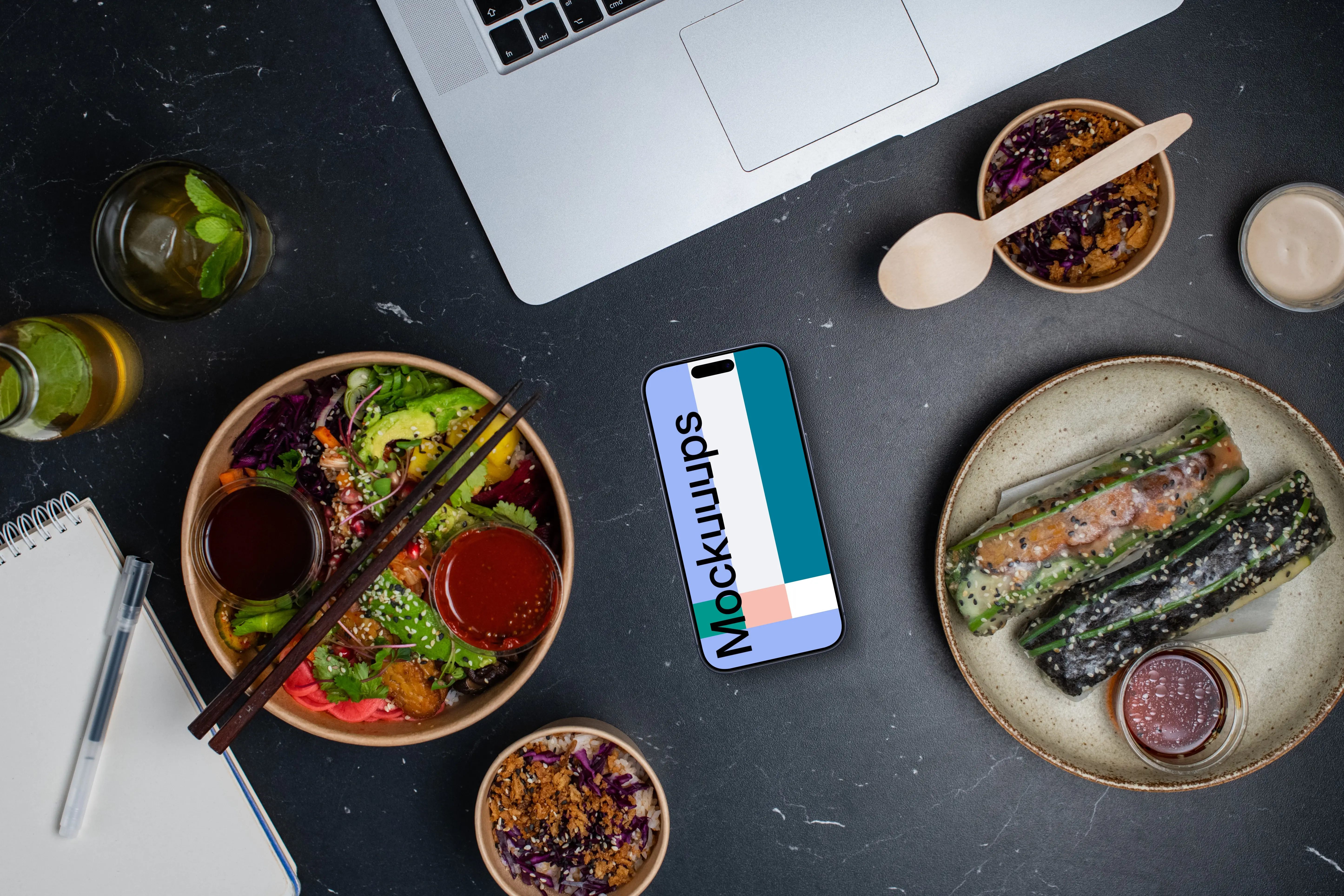 Asian food from delivery with Smartphone mockup