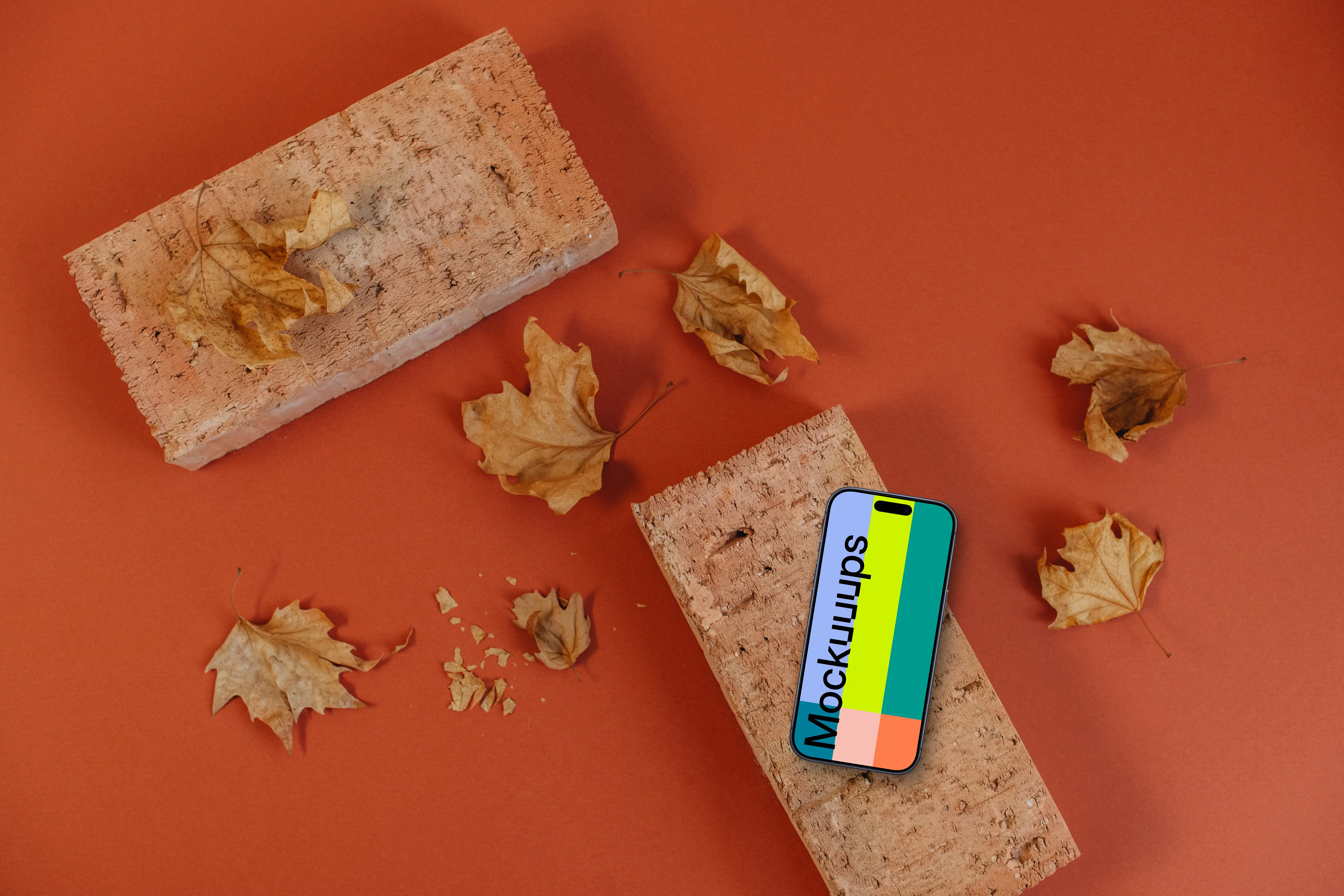 Autumn scene with phone mockup on the brick