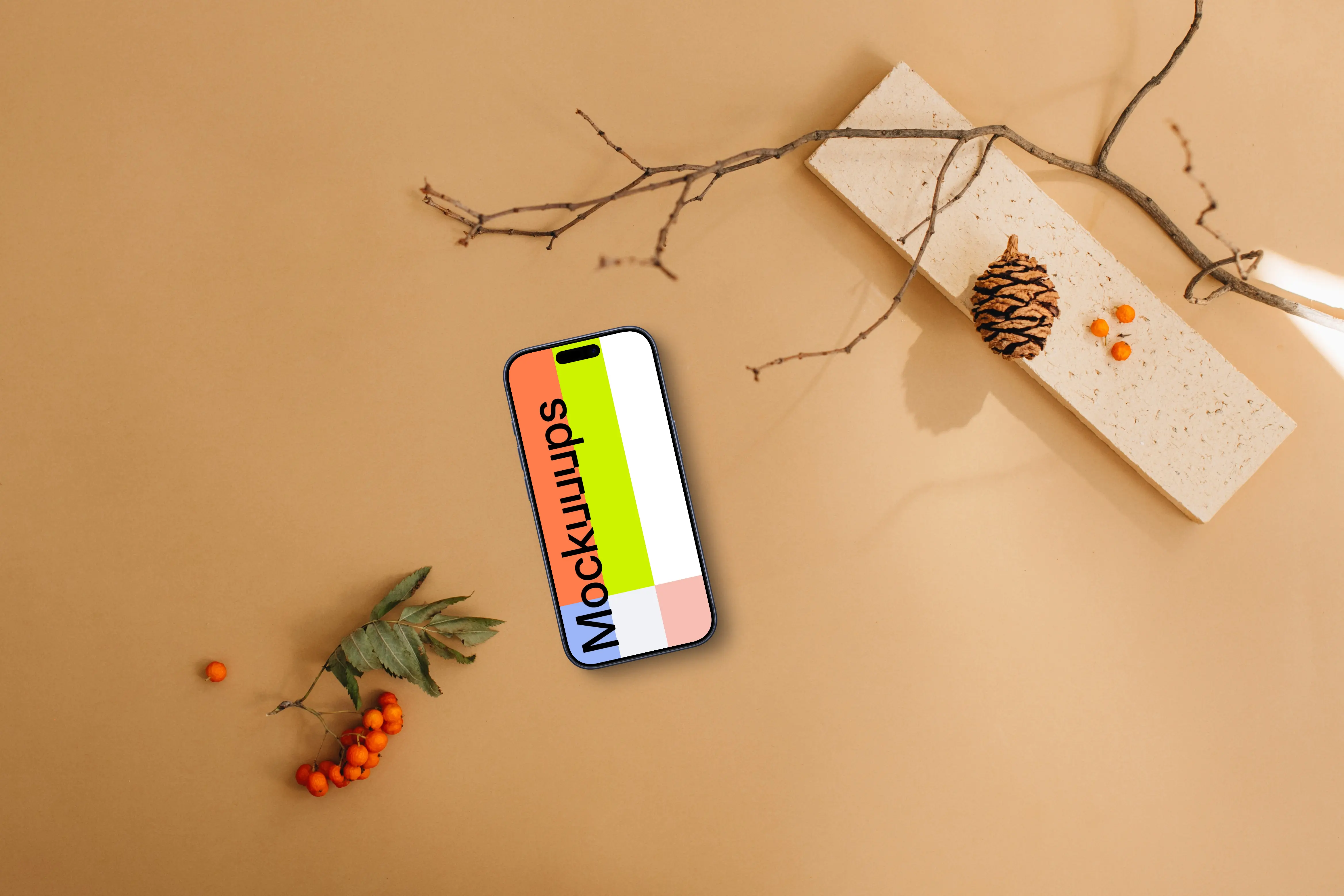 Autumn scene with smartphone mockup and light