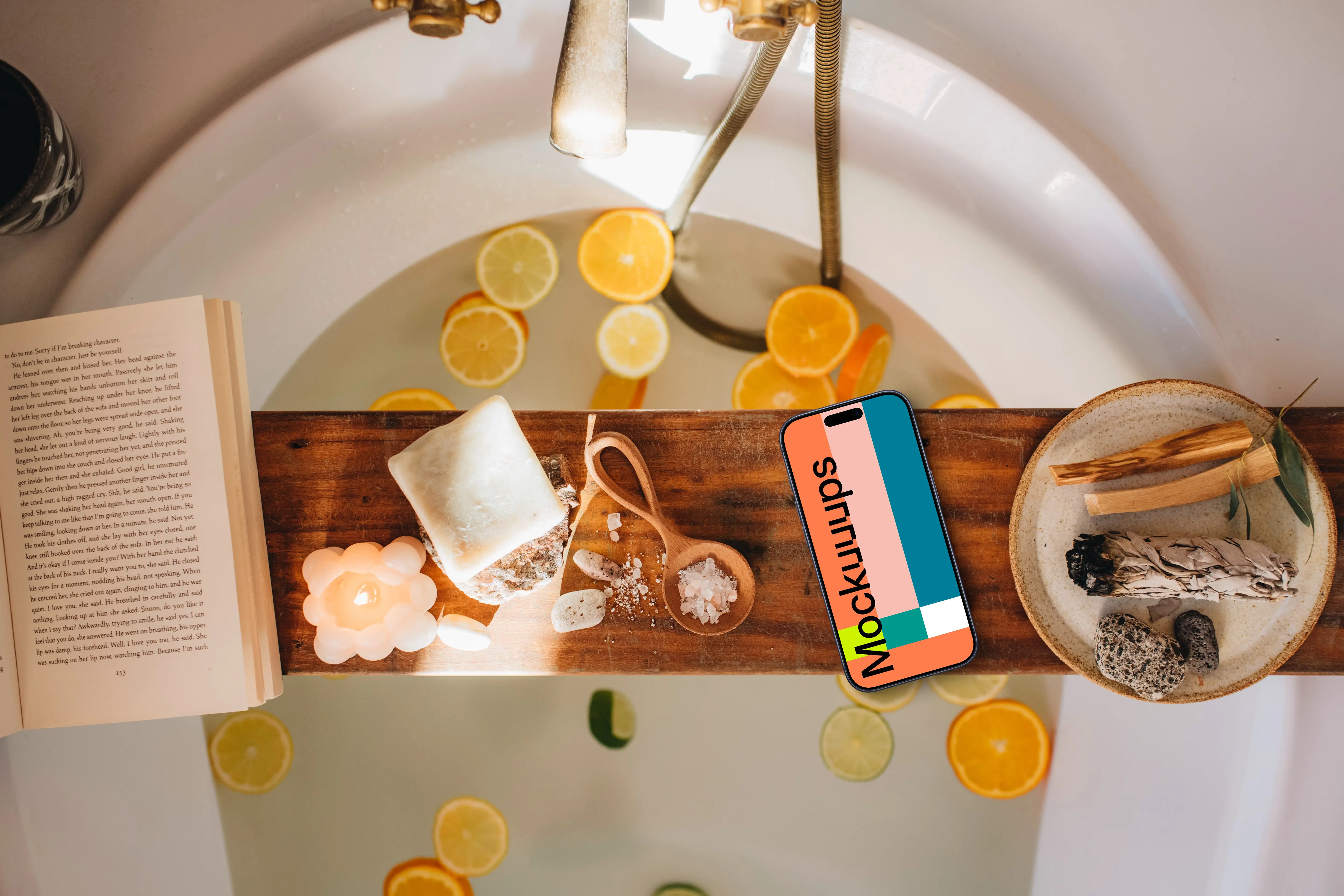 Book and bath time with an iPhone mockup
