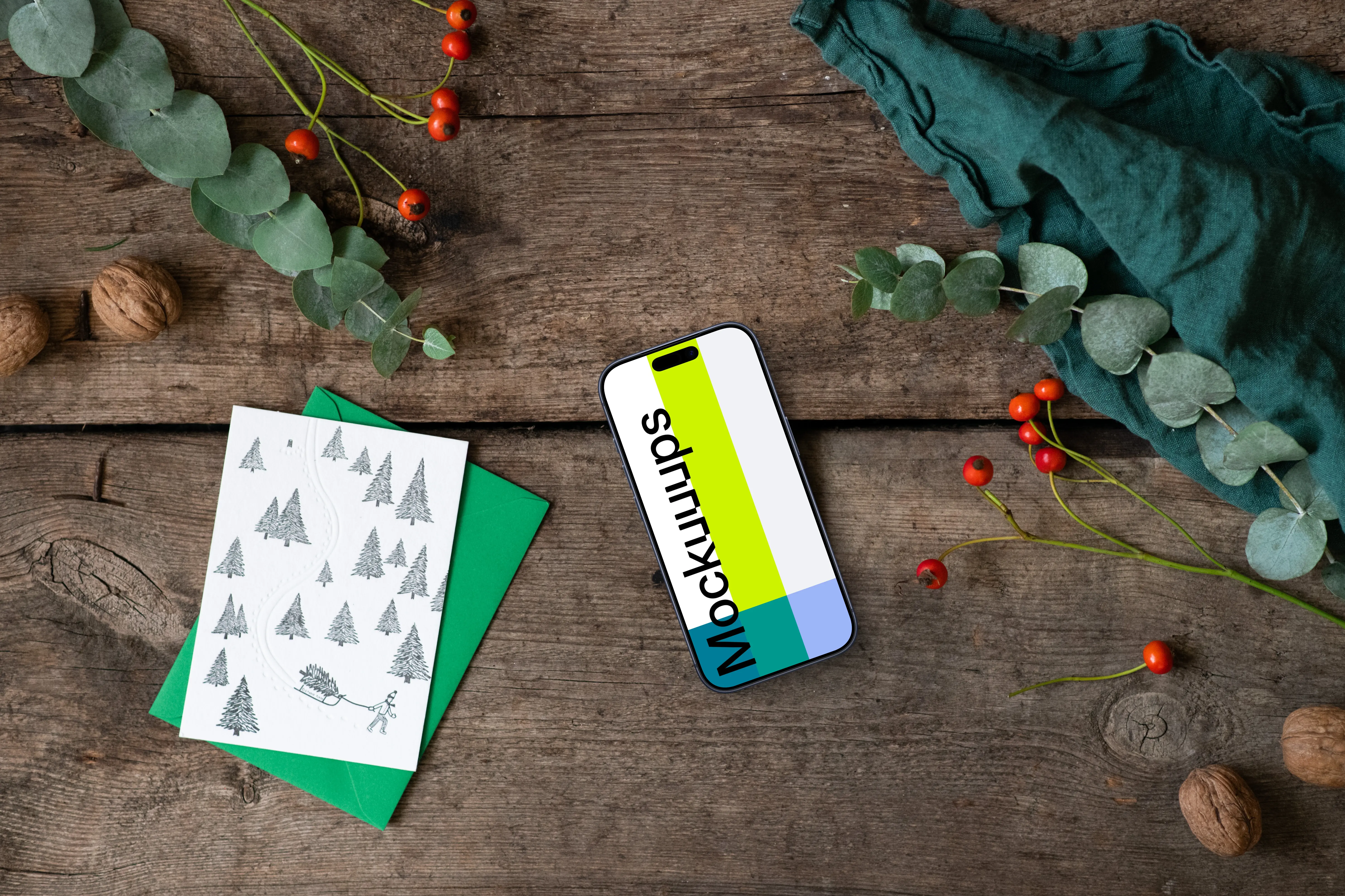 Christmas mockup with a phone and greeting card
