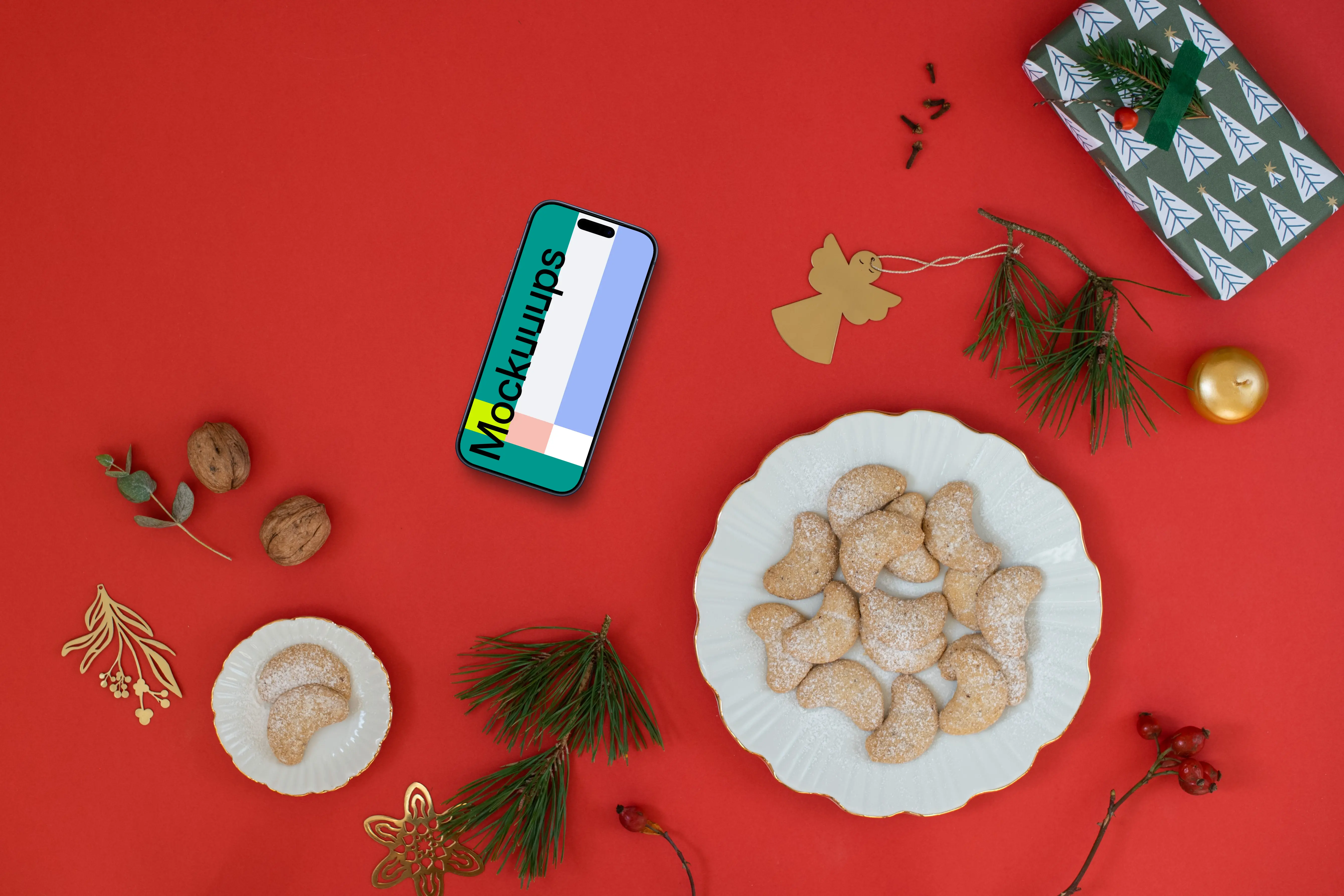 Christmas phone mockup on red background