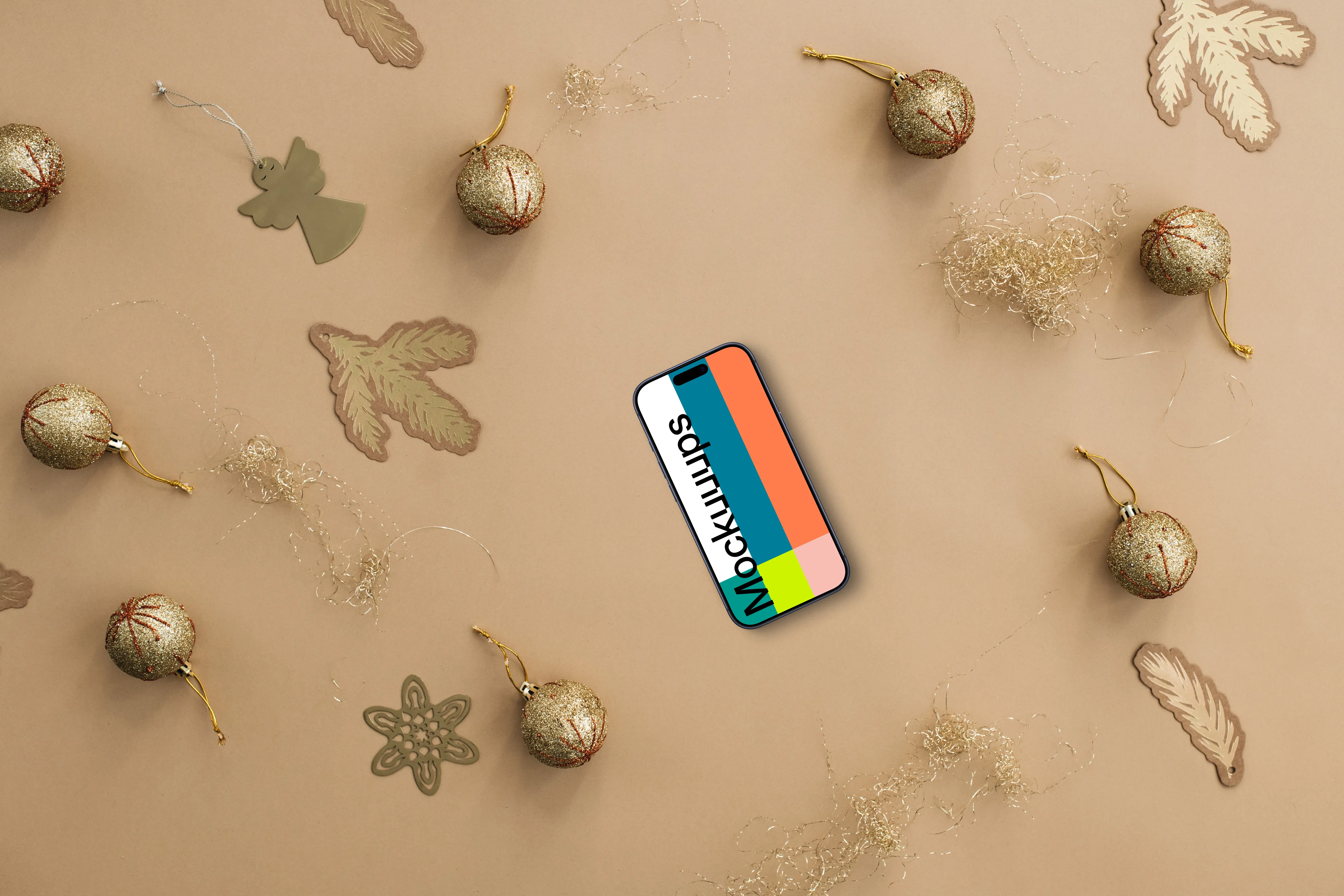 Christmas smartphone mockup on beige background