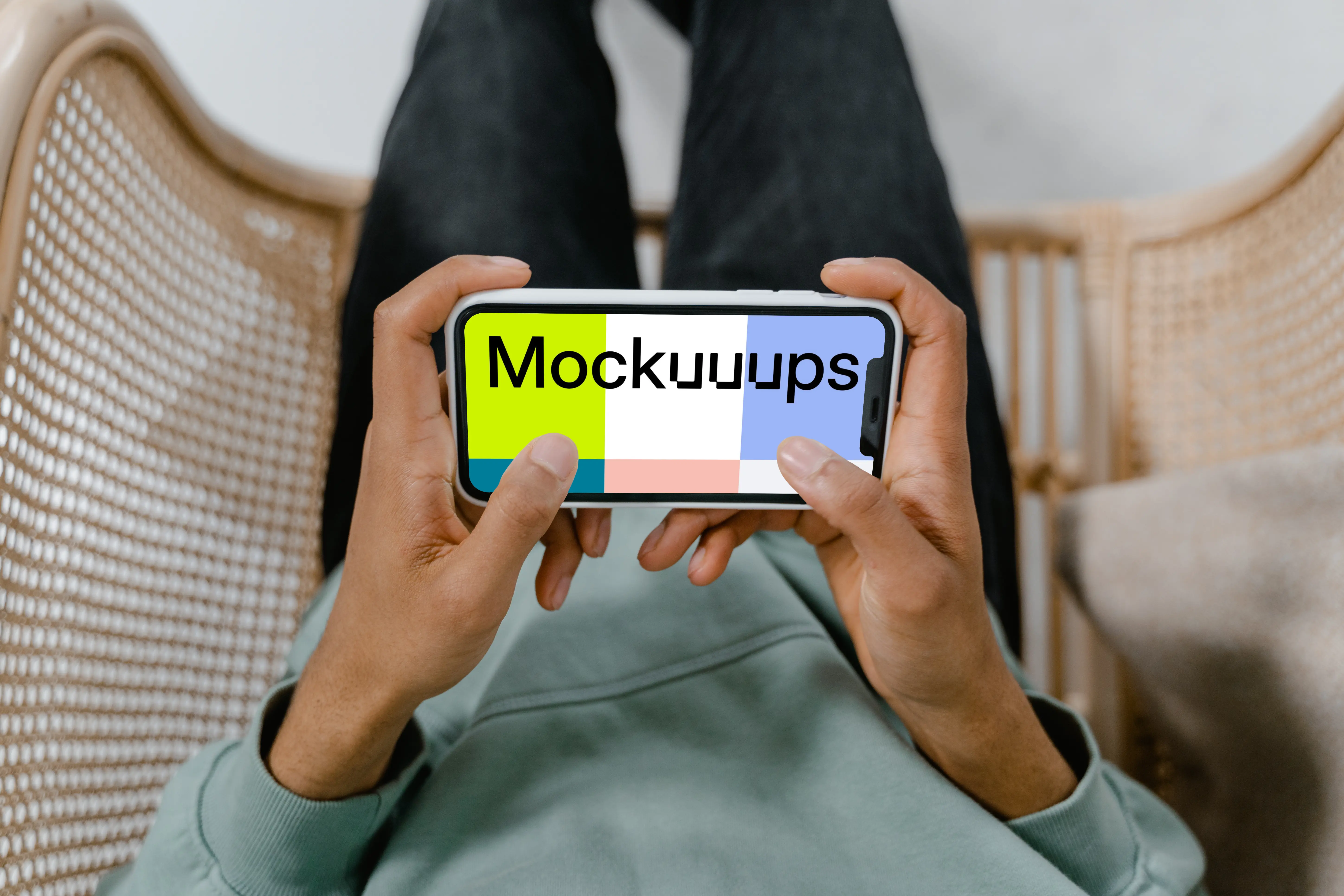 Close up of user holding iPhone mockup in landscape mode 