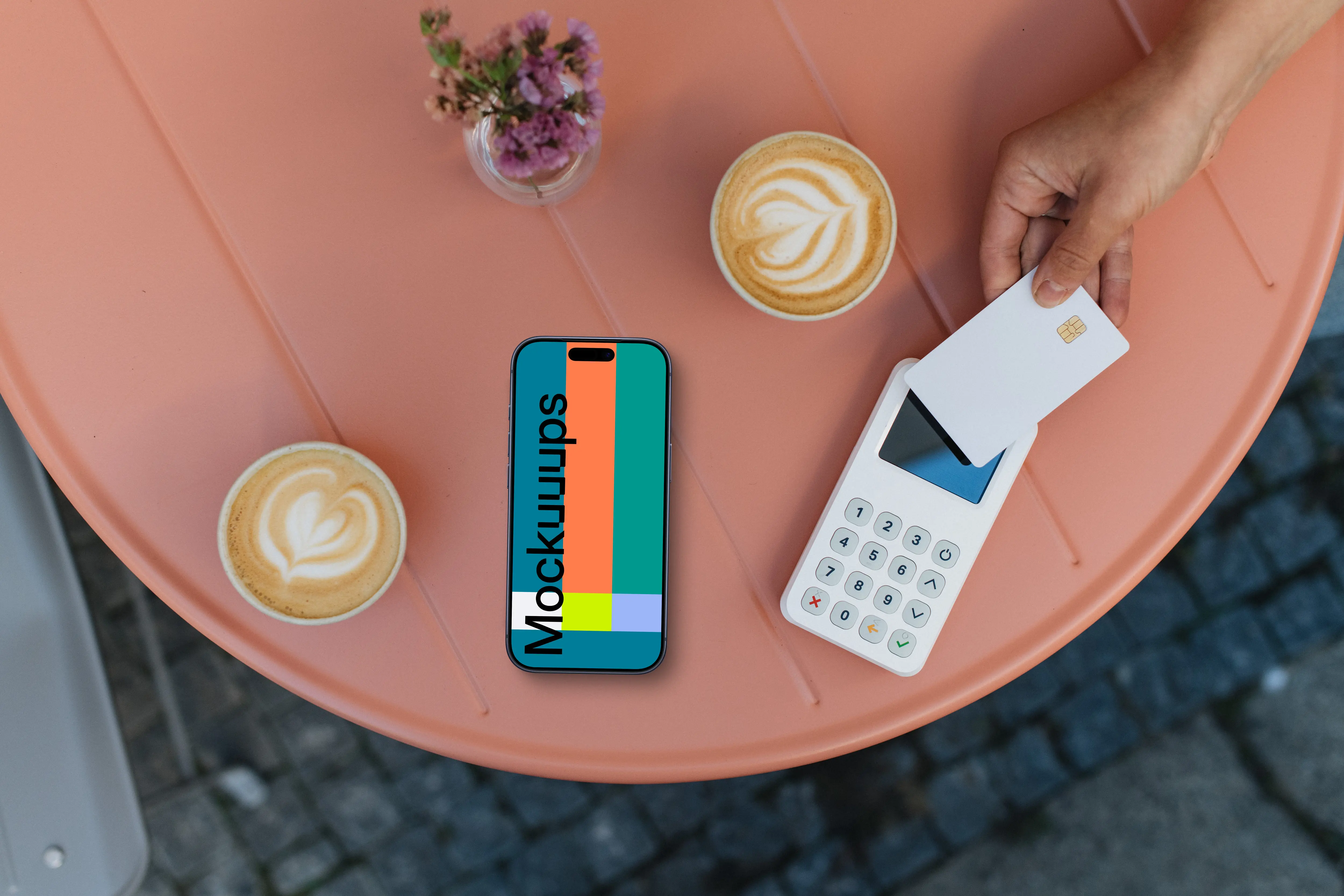 Contactless payment in the coffee shop and an iPhone mockup