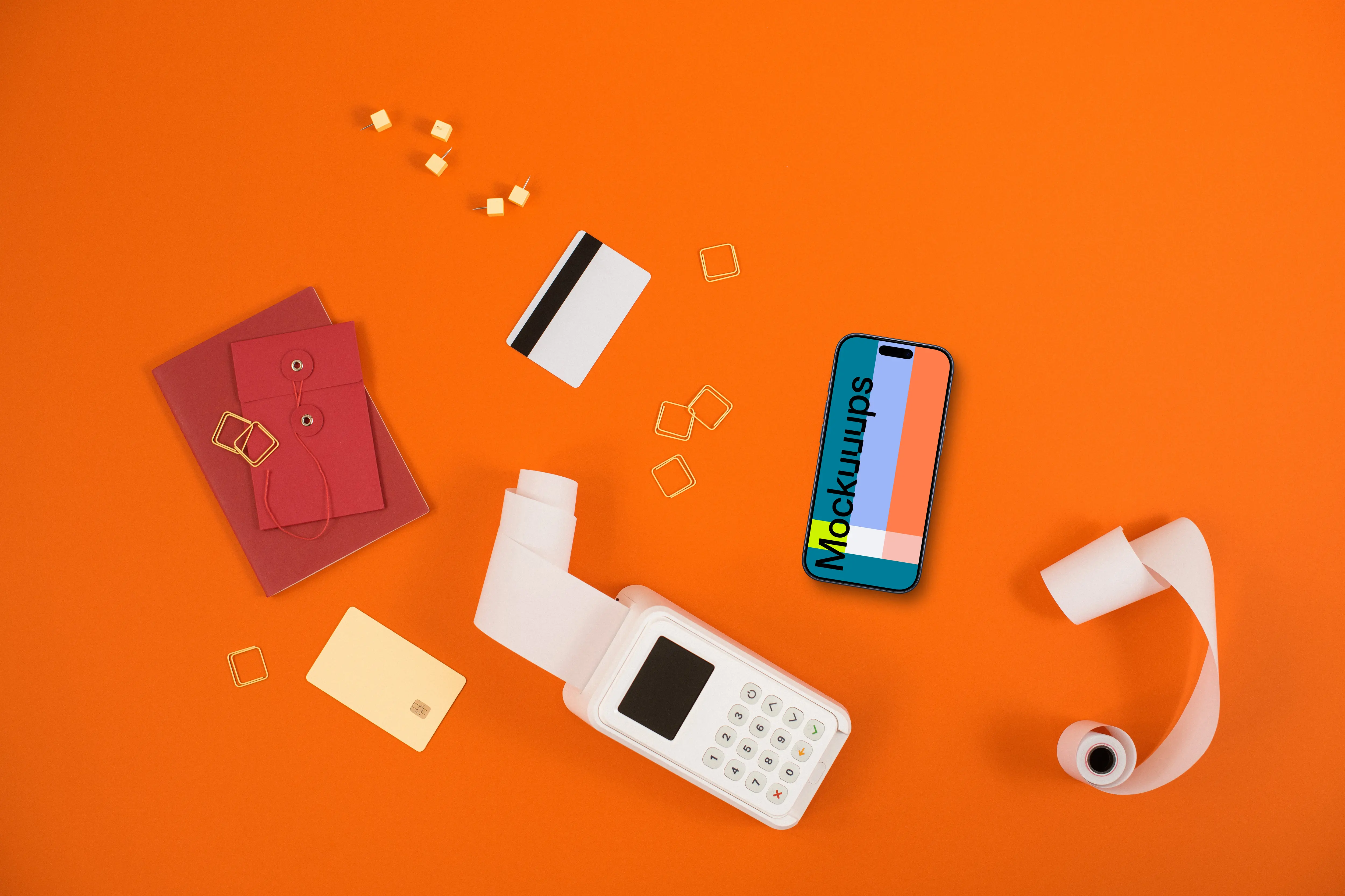 Contactless payment with an iPhone and terminal on the orange background