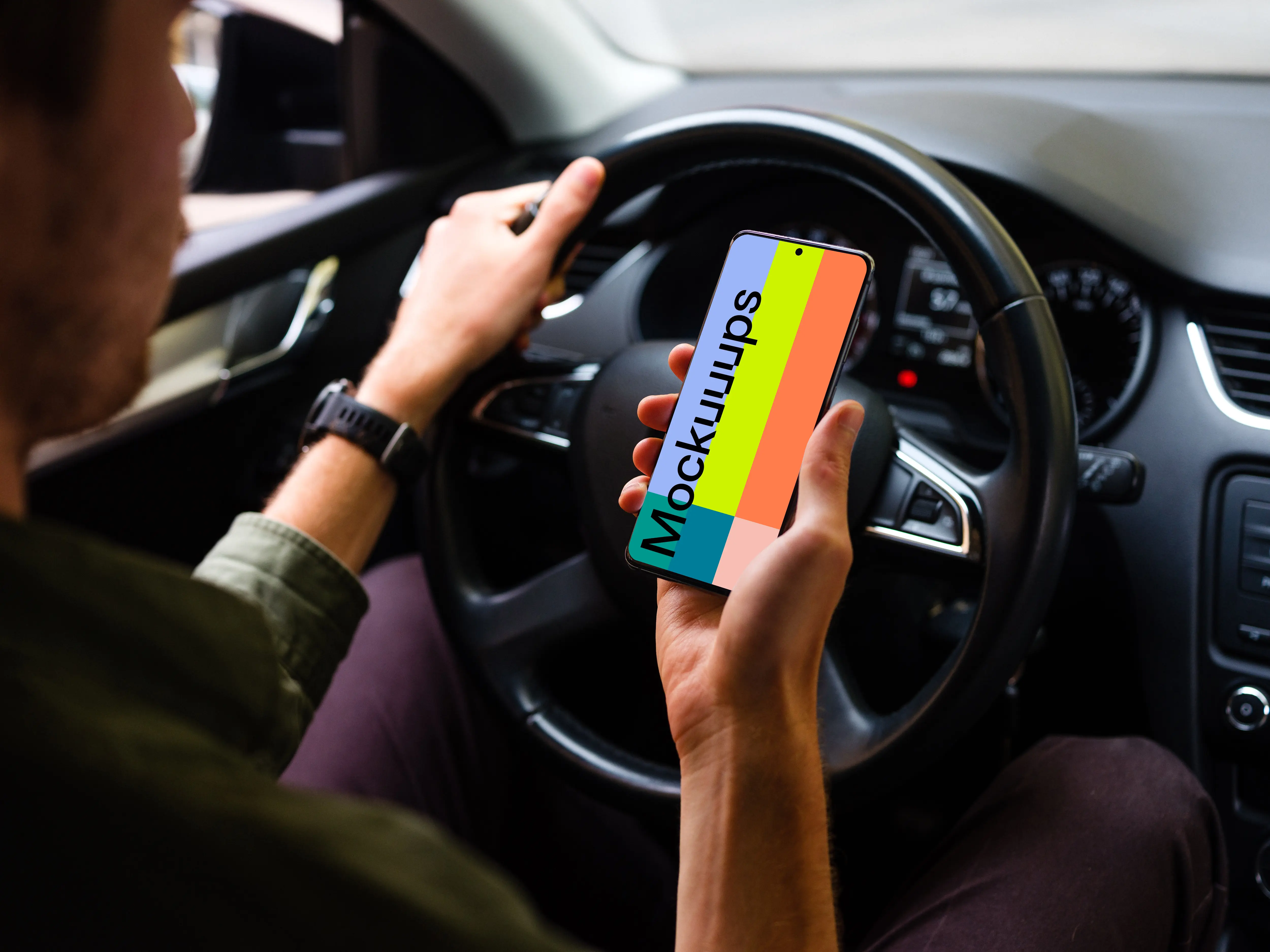 Driver viewing Samsung S20 mockup with hand on the wheel