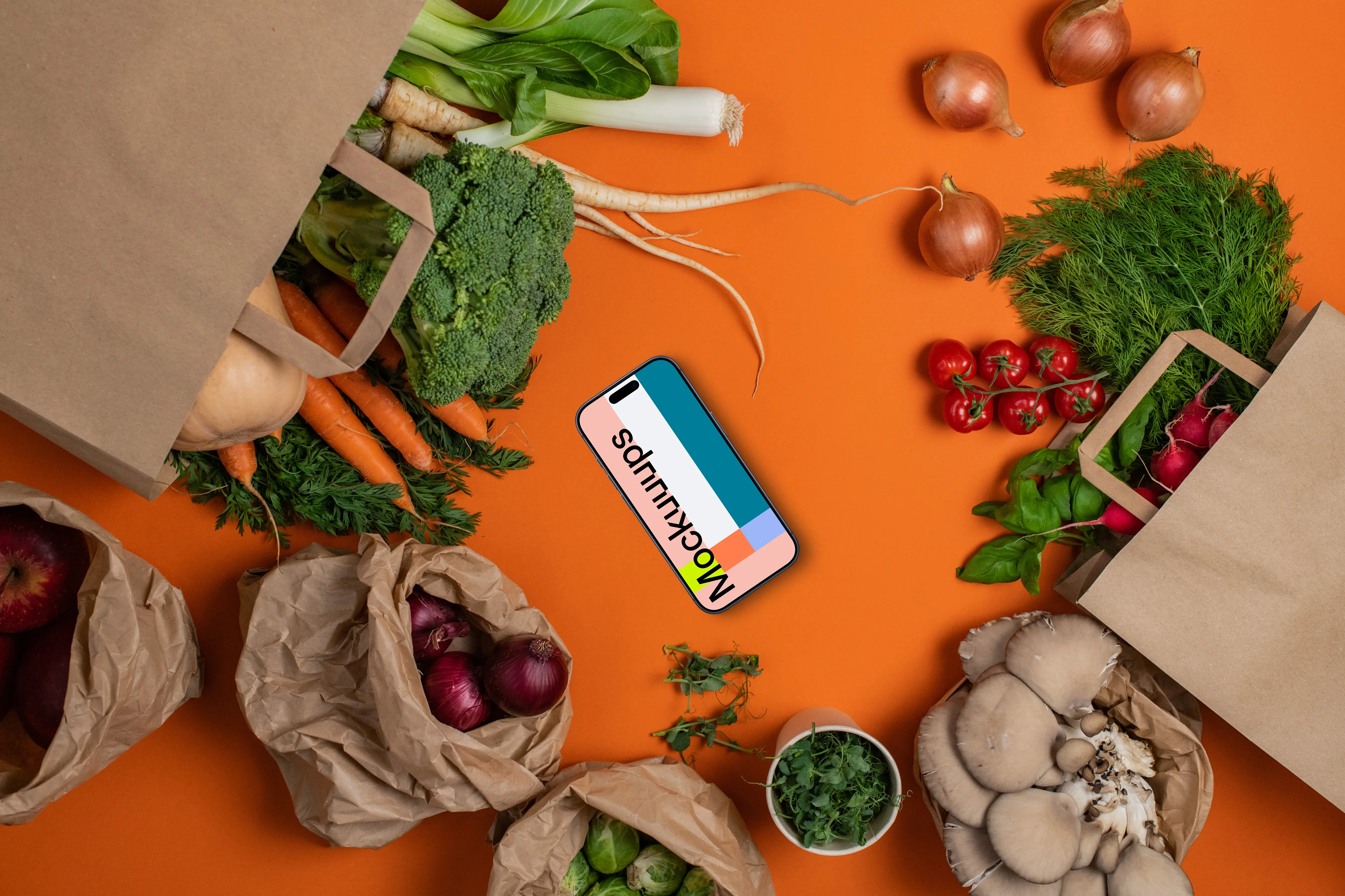 Groceries around phone mockup