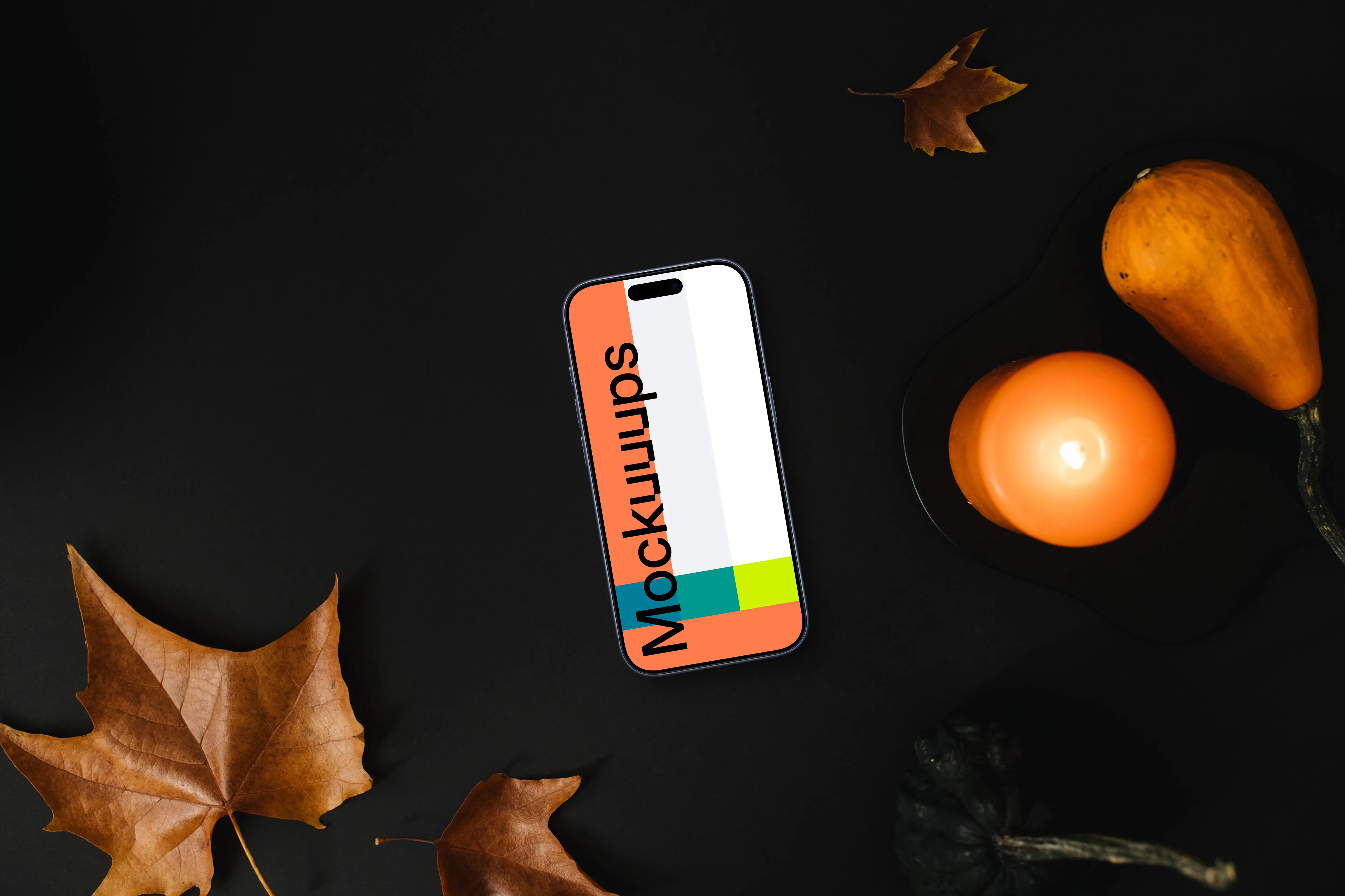 Halloween presentation template with a phone mockup and candles on the side