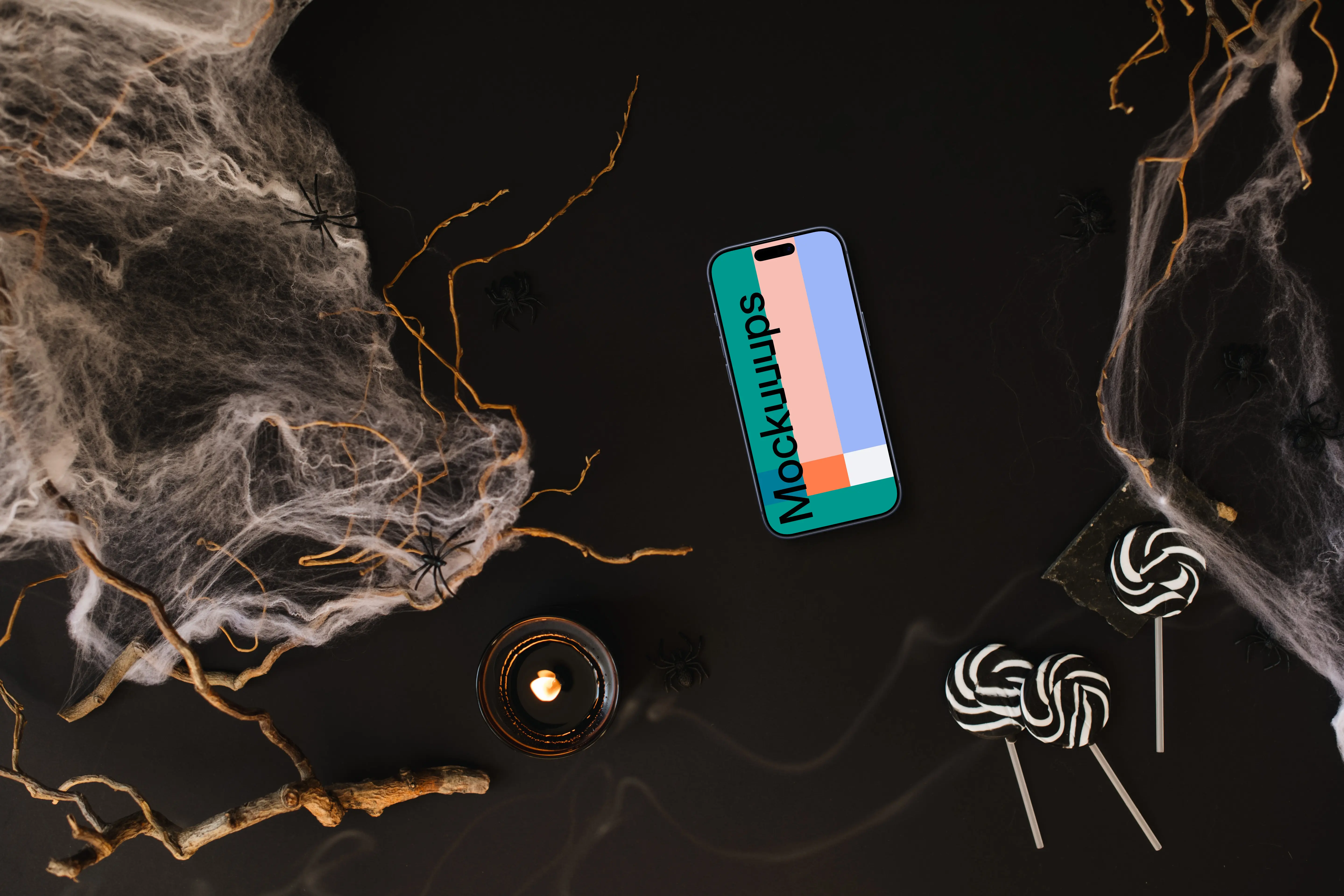 Halloween template with a phone mockup on the dark background