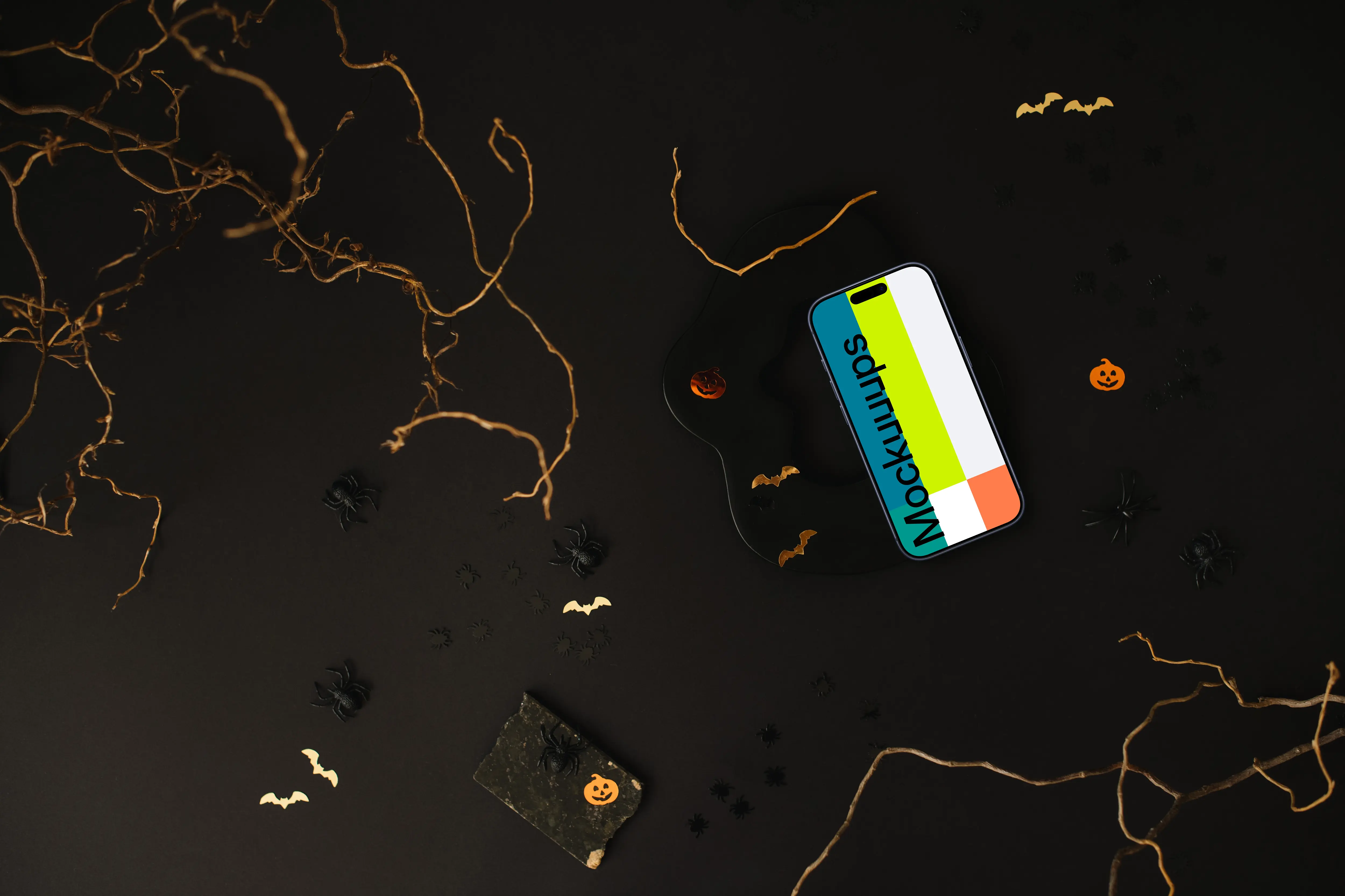 Halloween template with a smartphone mockup and spiders