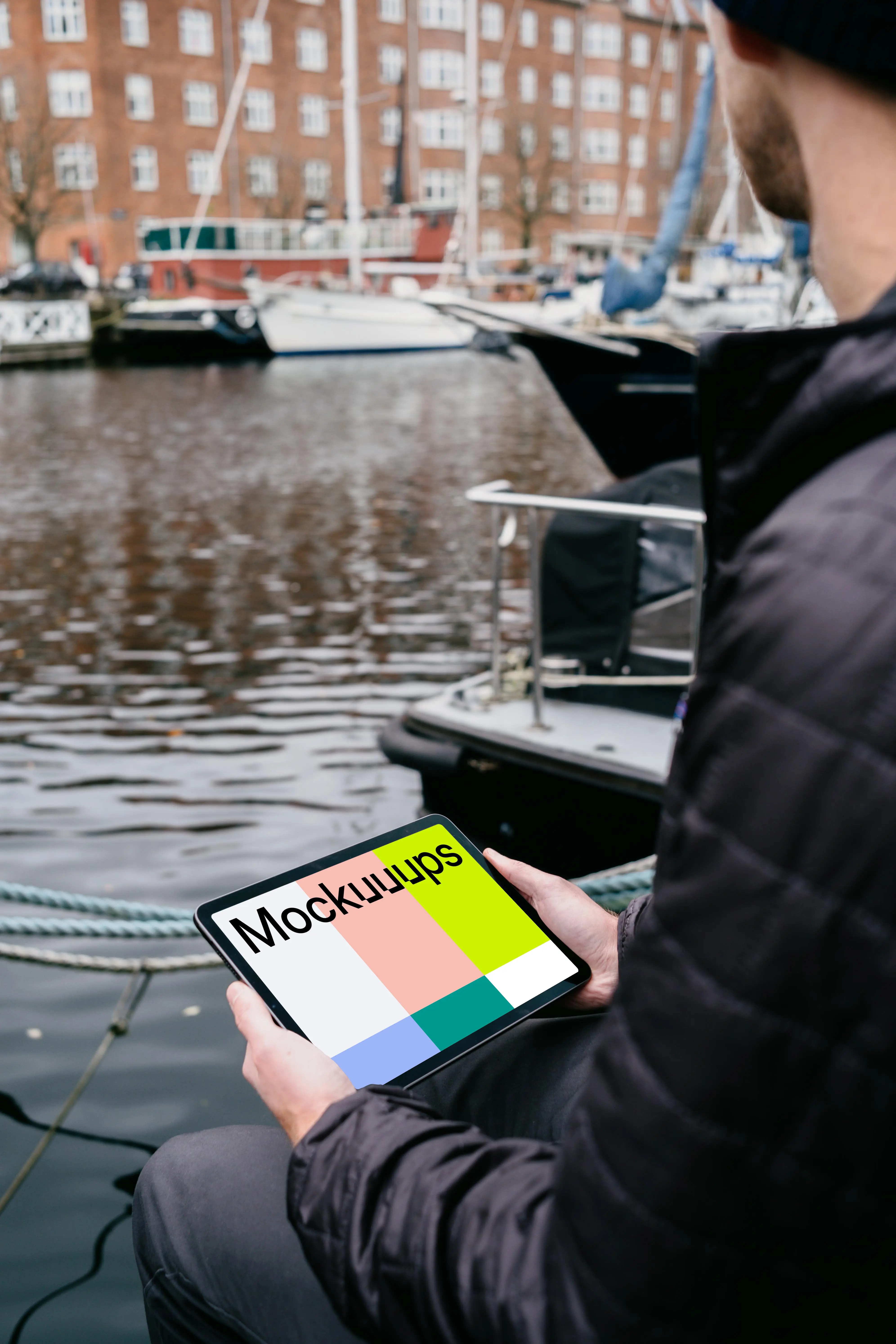 iPad Air mockup held by a user beside a river
