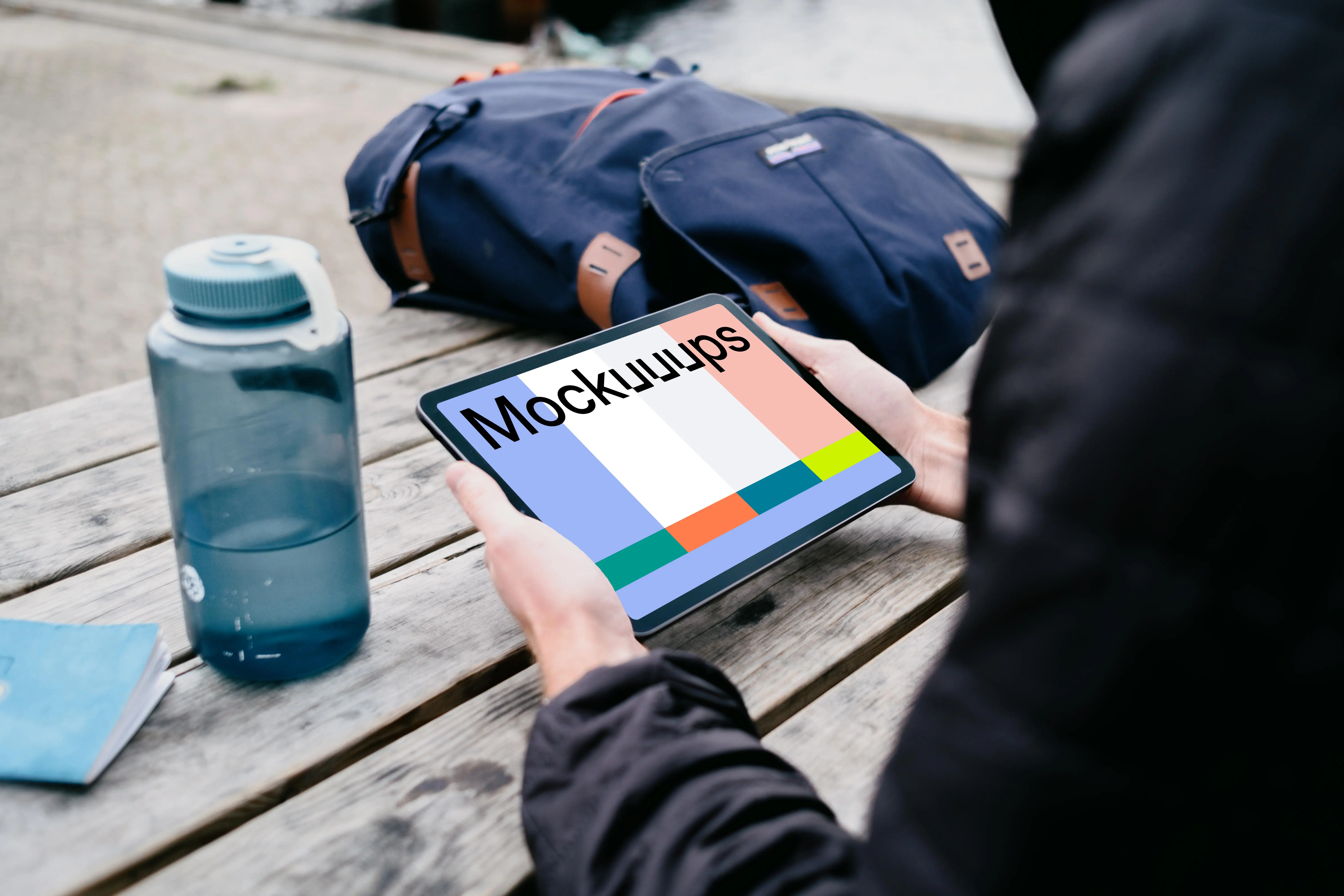 iPad Air mockup held by user next to a bag