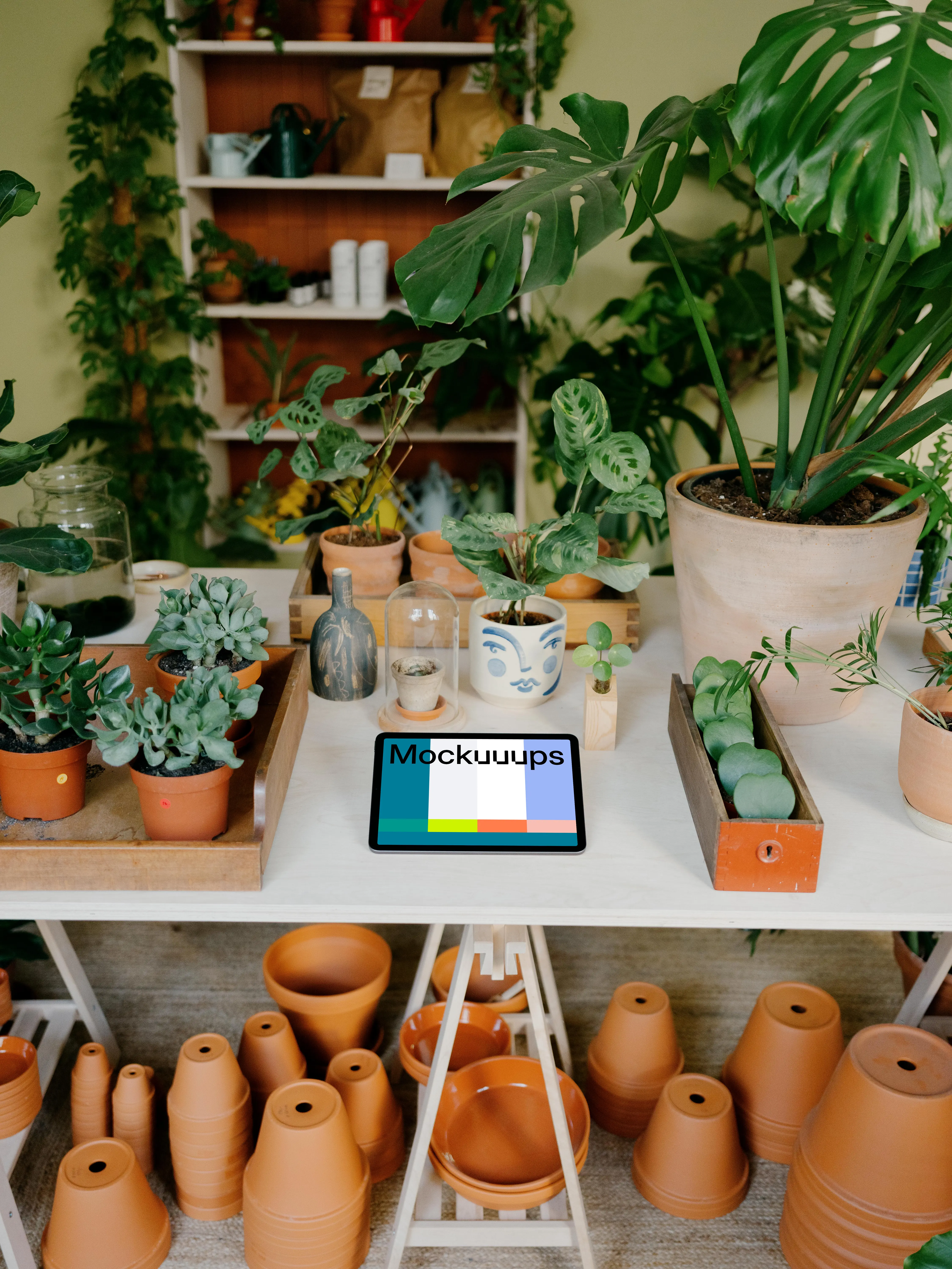 iPad Air mockup on a white table in an indoor garden